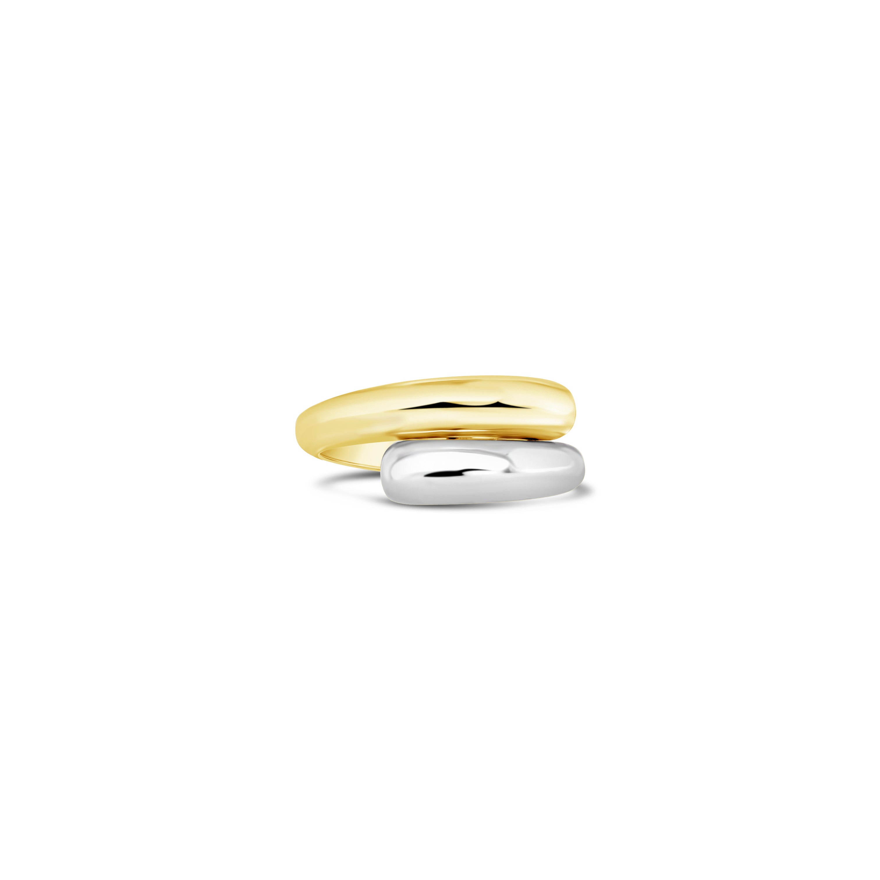 A chunky white and yellow gold wrap ring against a white background.