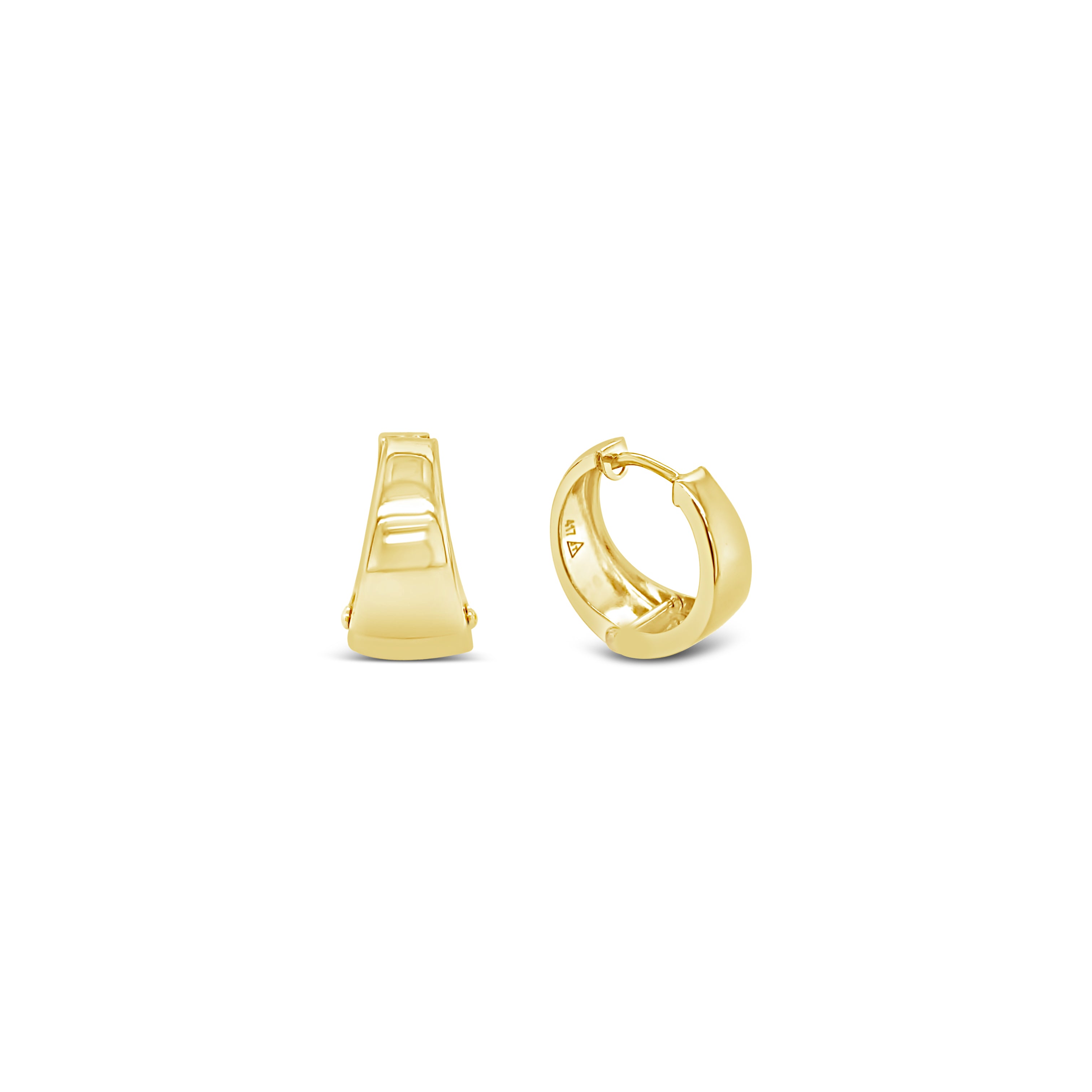 A pair of 10K gold graduated huggie earrings with a shiny finish.