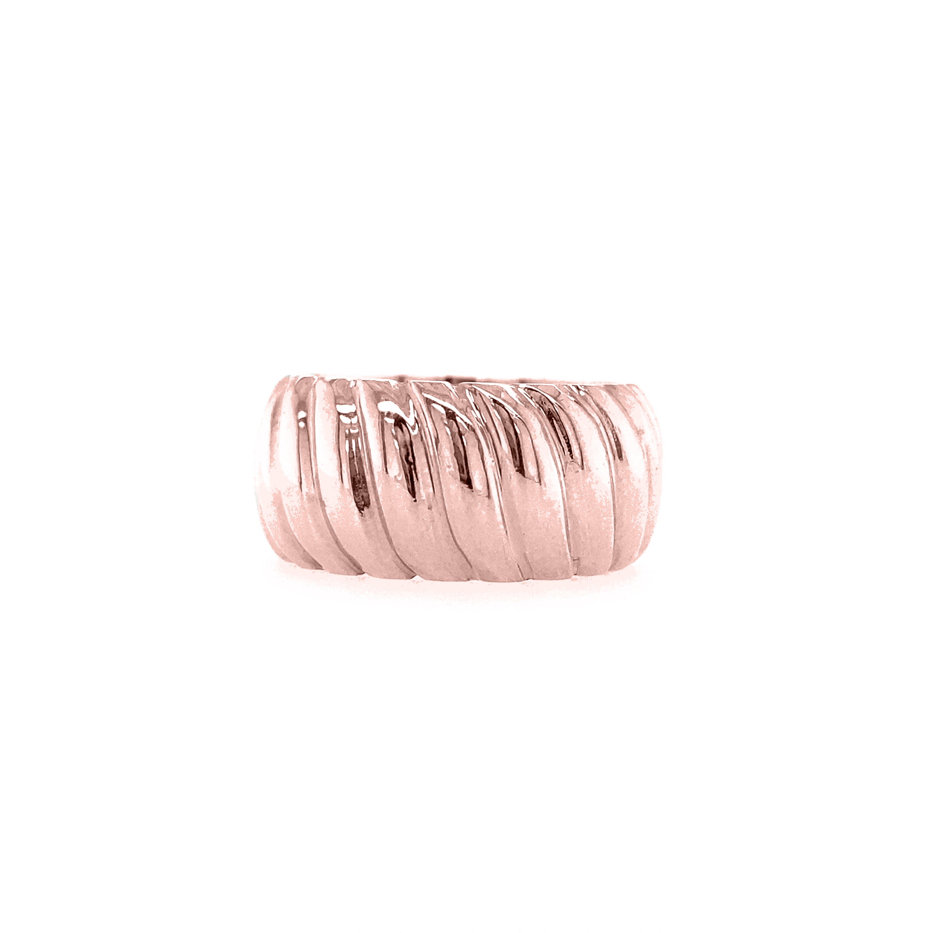 A rose gold chunky wide croissant ring against a white background.