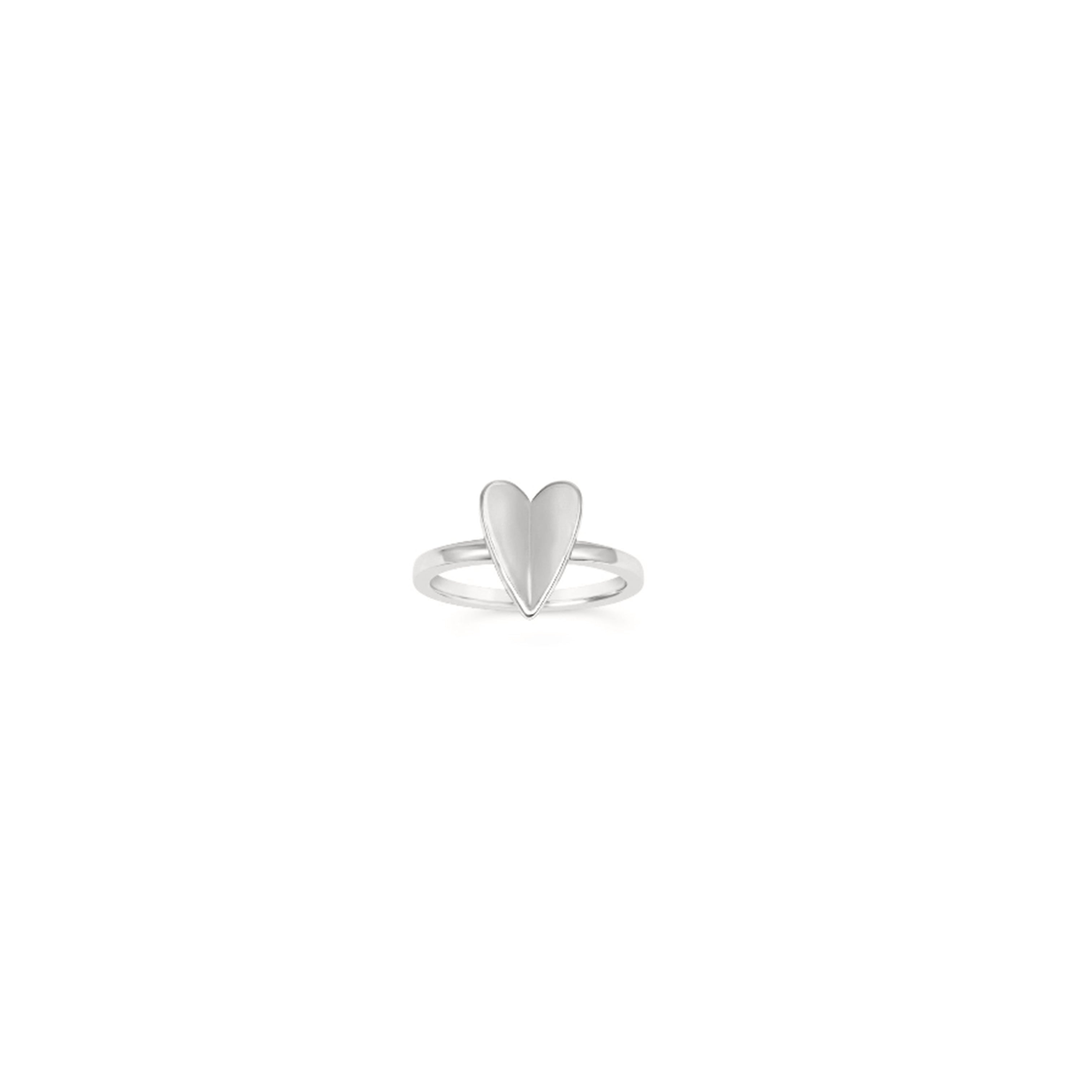 White gold elongated heart-shaped ring on a white background