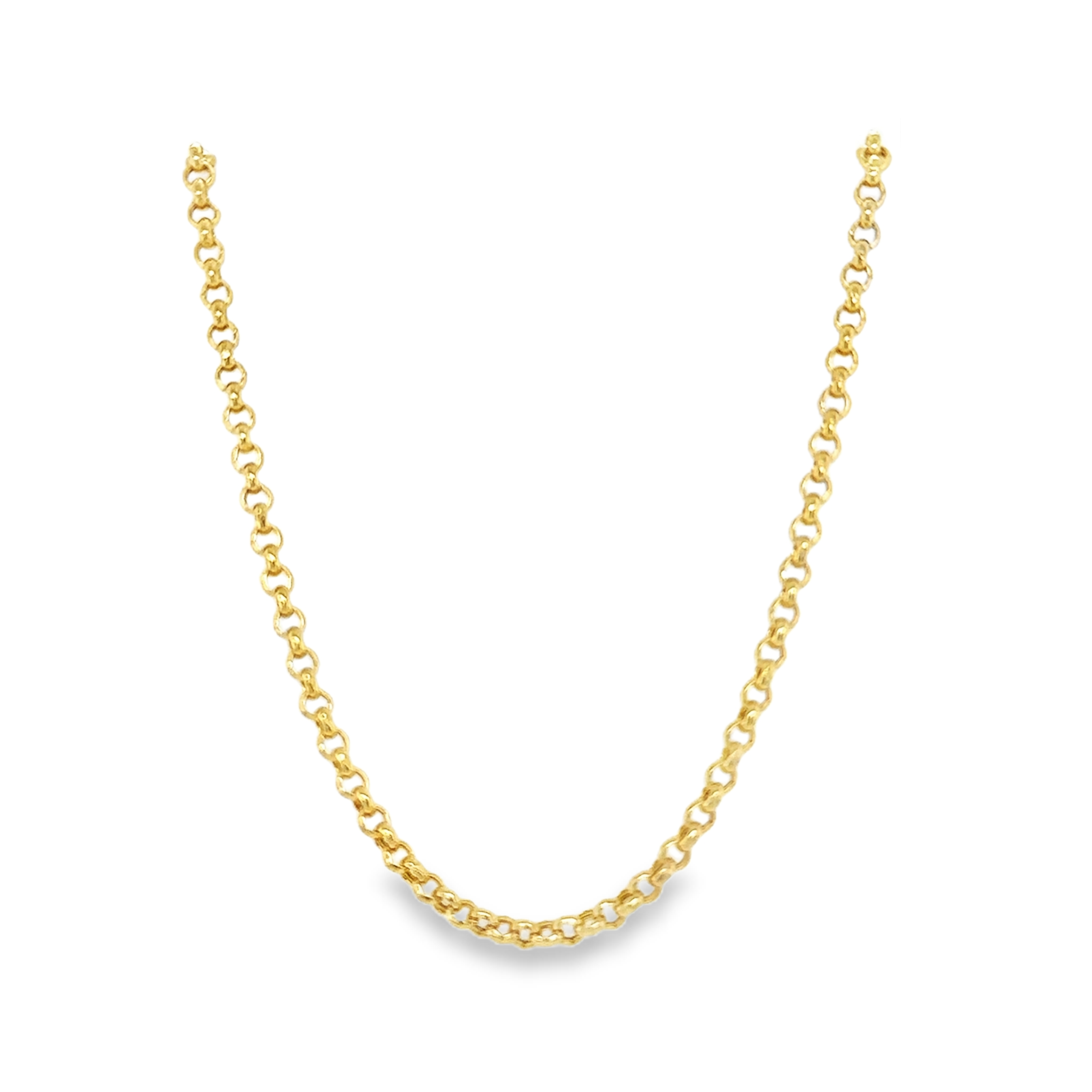 A gold rolo chain necklace with a lobster clasp, displayed on a plain background.