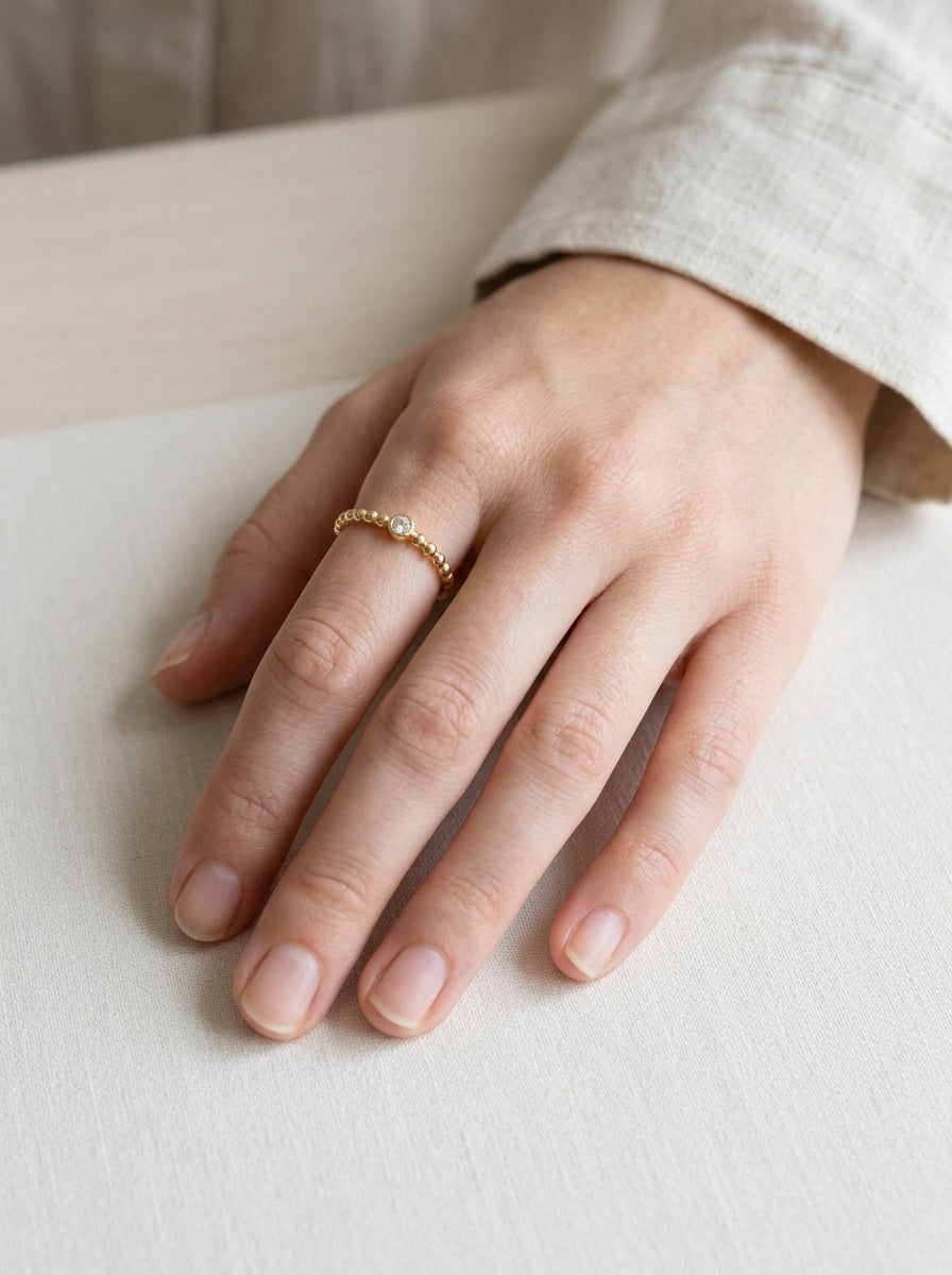 14K Gold Bead and Single Diamond Ring