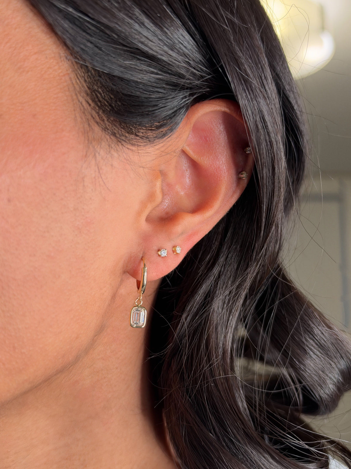 14K Gold Dangling Lab Diamond Emerald Huggies