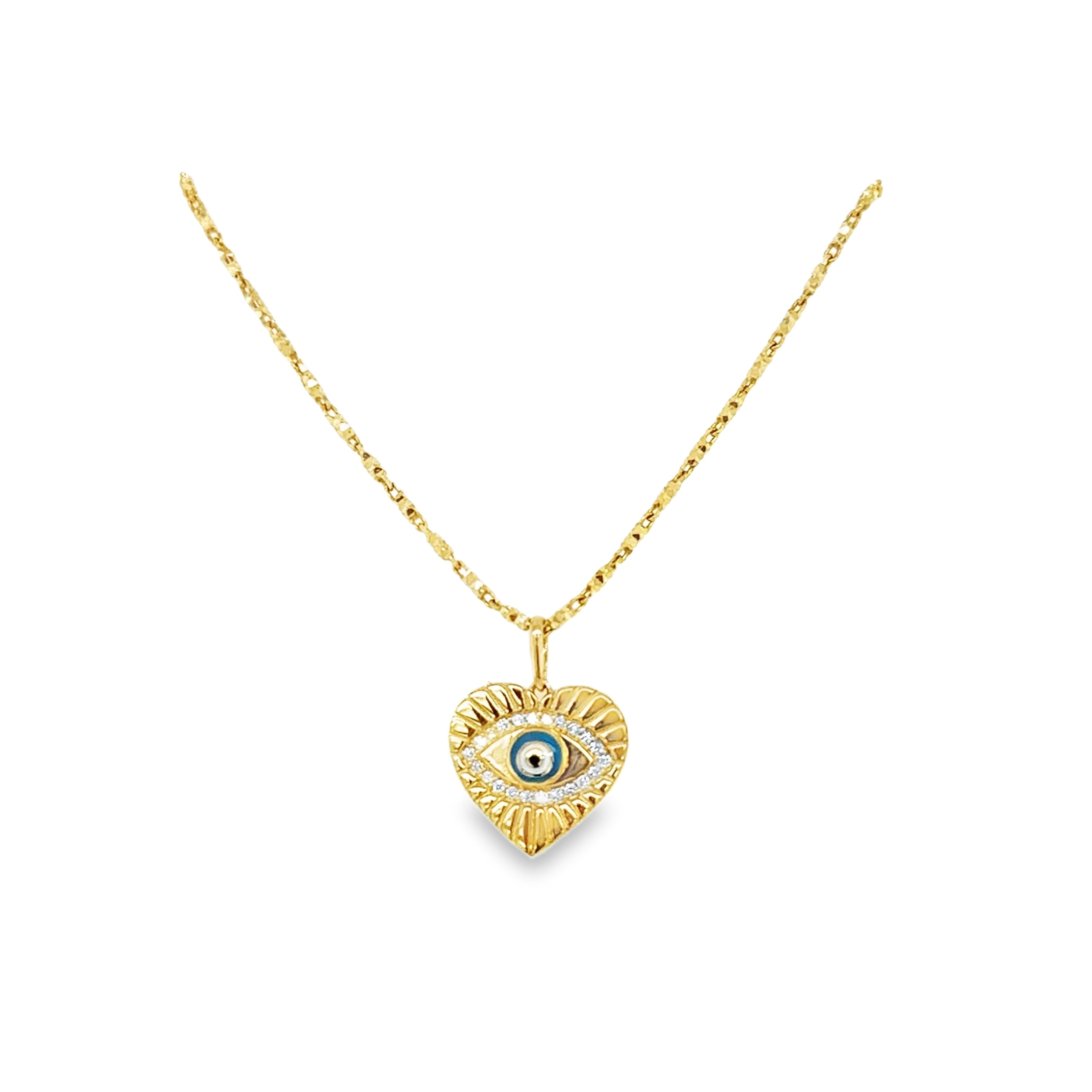 14K Gold Fluted Heart and Evil Eye Medallion