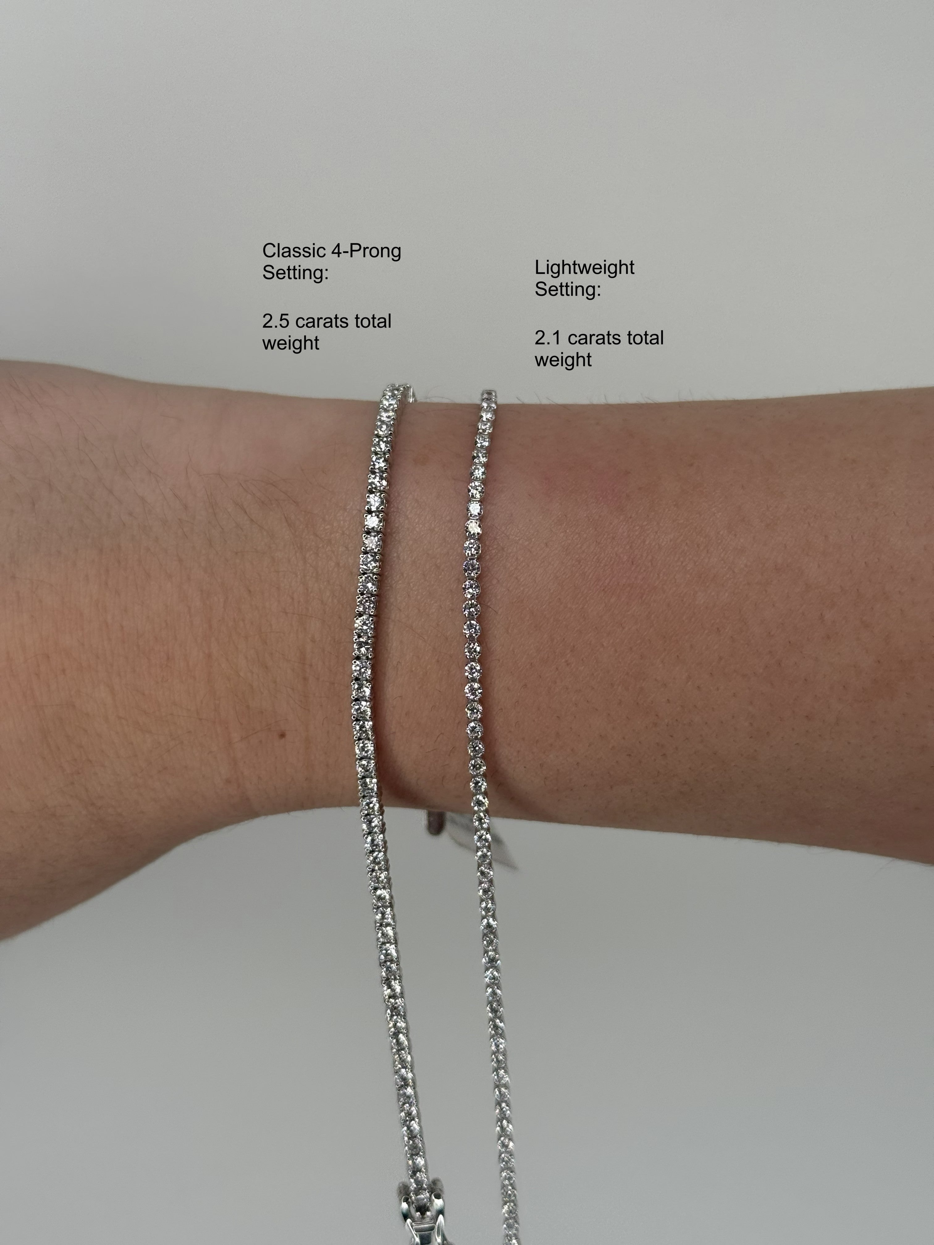 Two tennis bracelets bracelets on a wrist with text indicating weight and setting type.