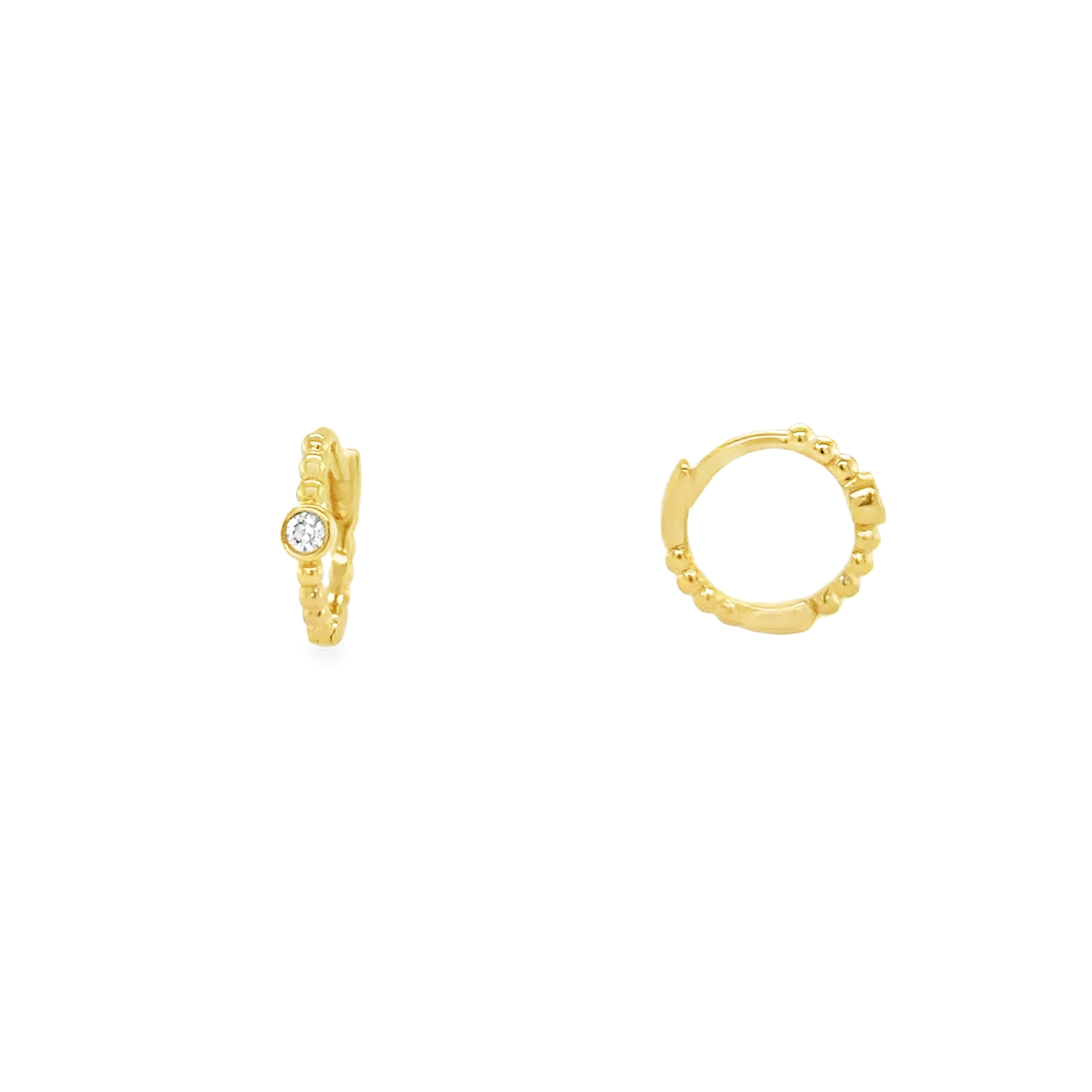 14K Gold Mini Beaded and Diamond Huggie Earrings