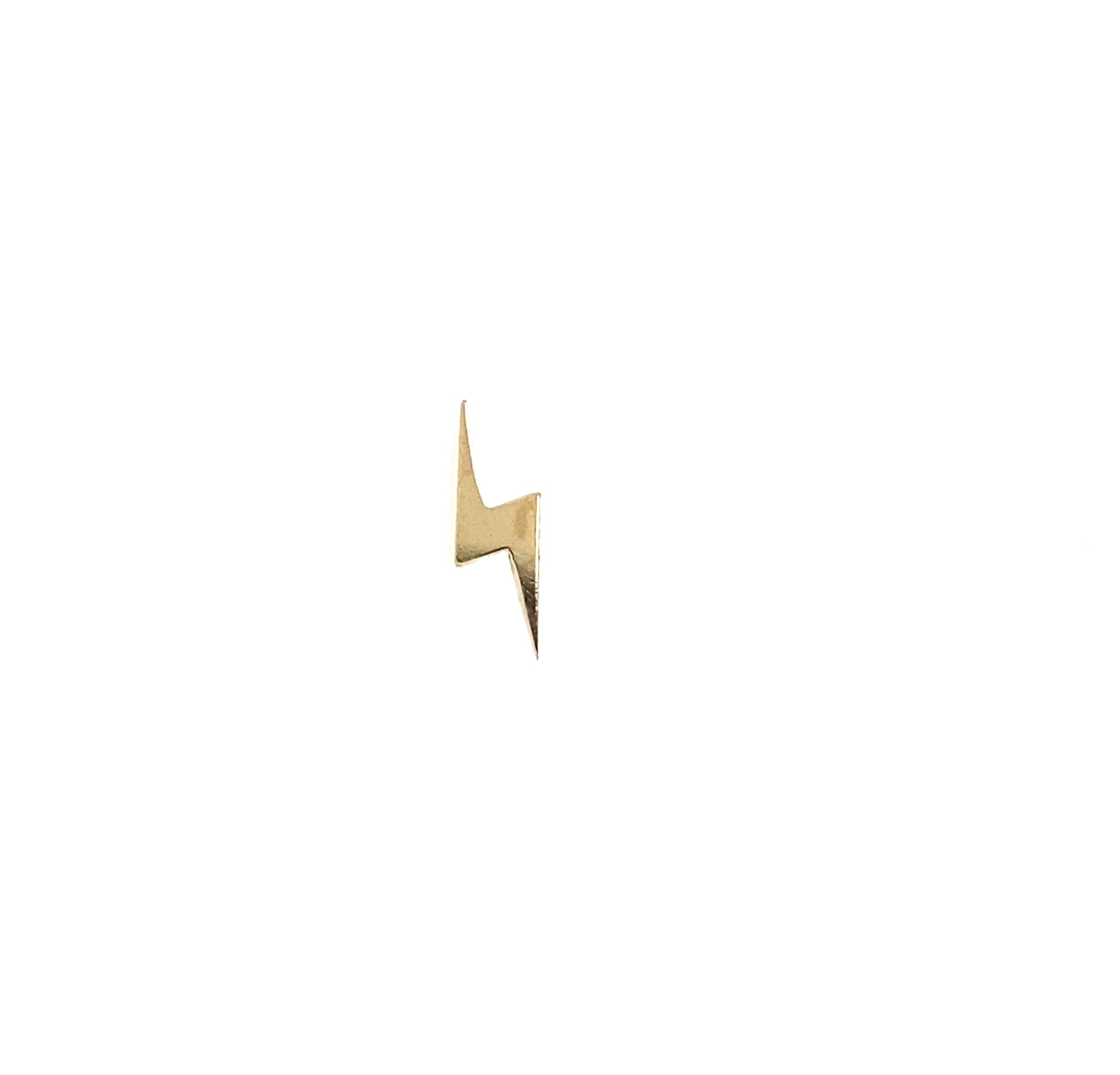 A single 14K gold lightning bolt stud with a flat backing, displayed against a white background.