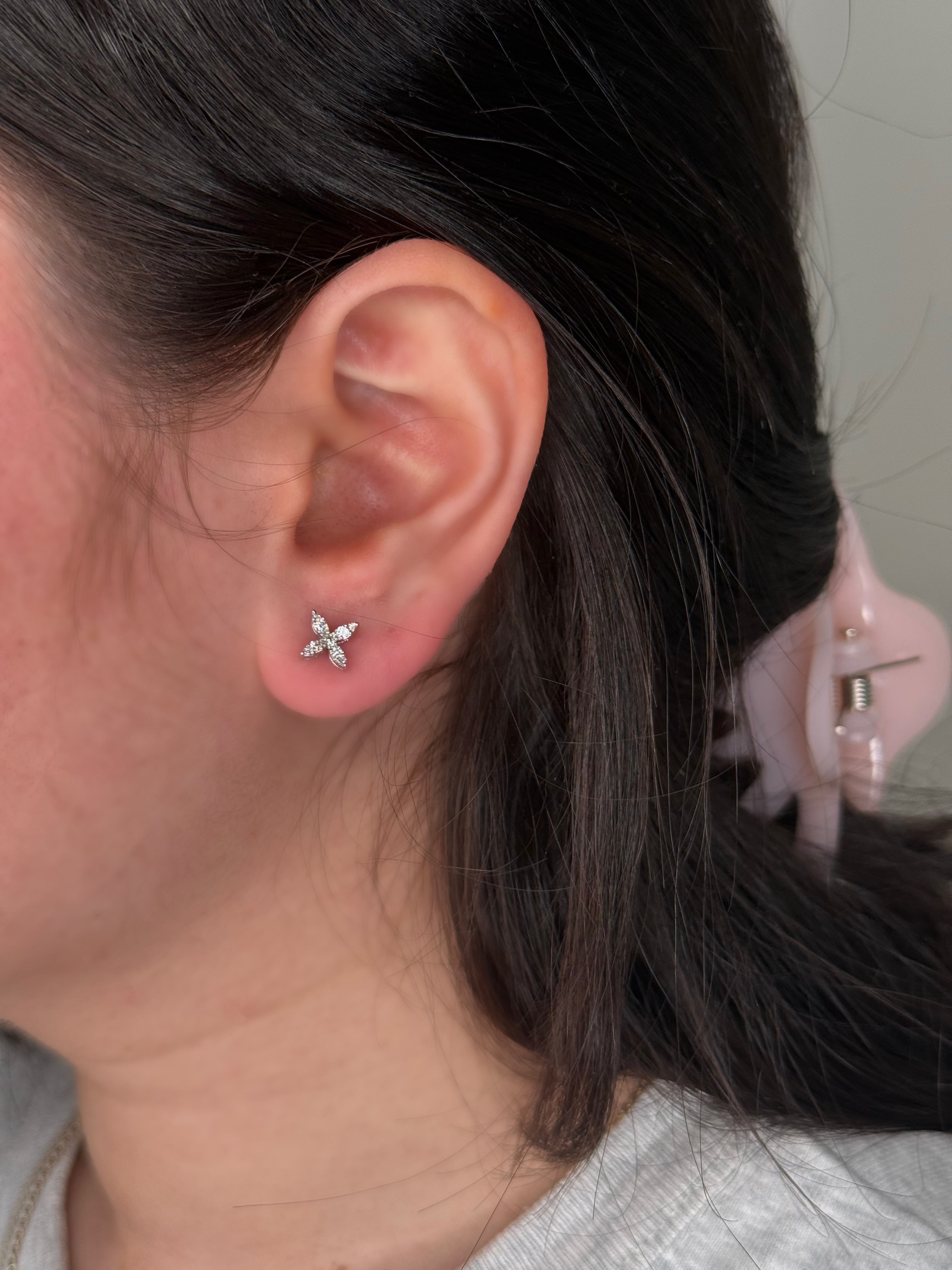 14K Gold Marquise Flower Diamond Stud Earrings