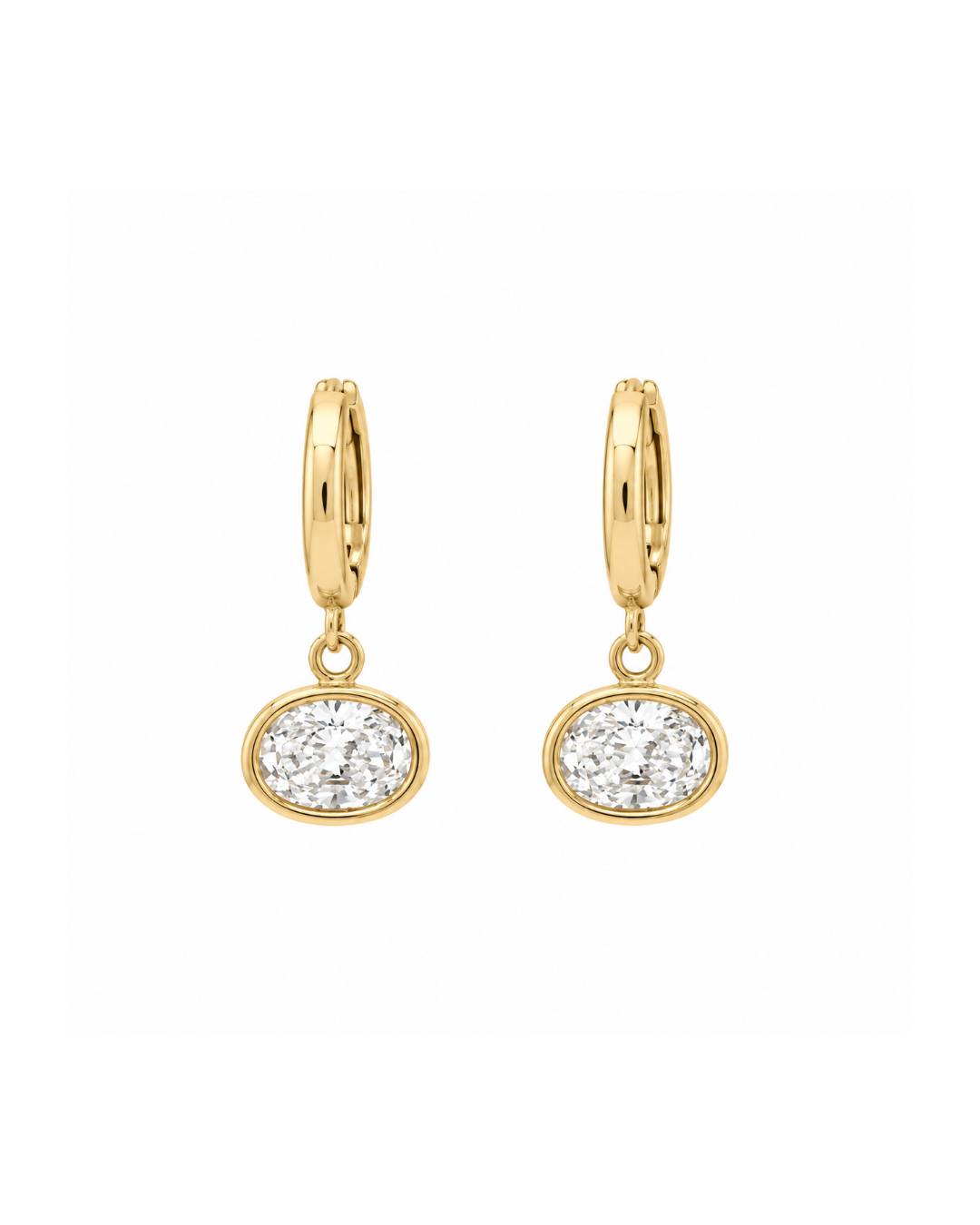 A pair of gold hoop earrings with oval bezel-set lab diamonds, shown on a plain white background.