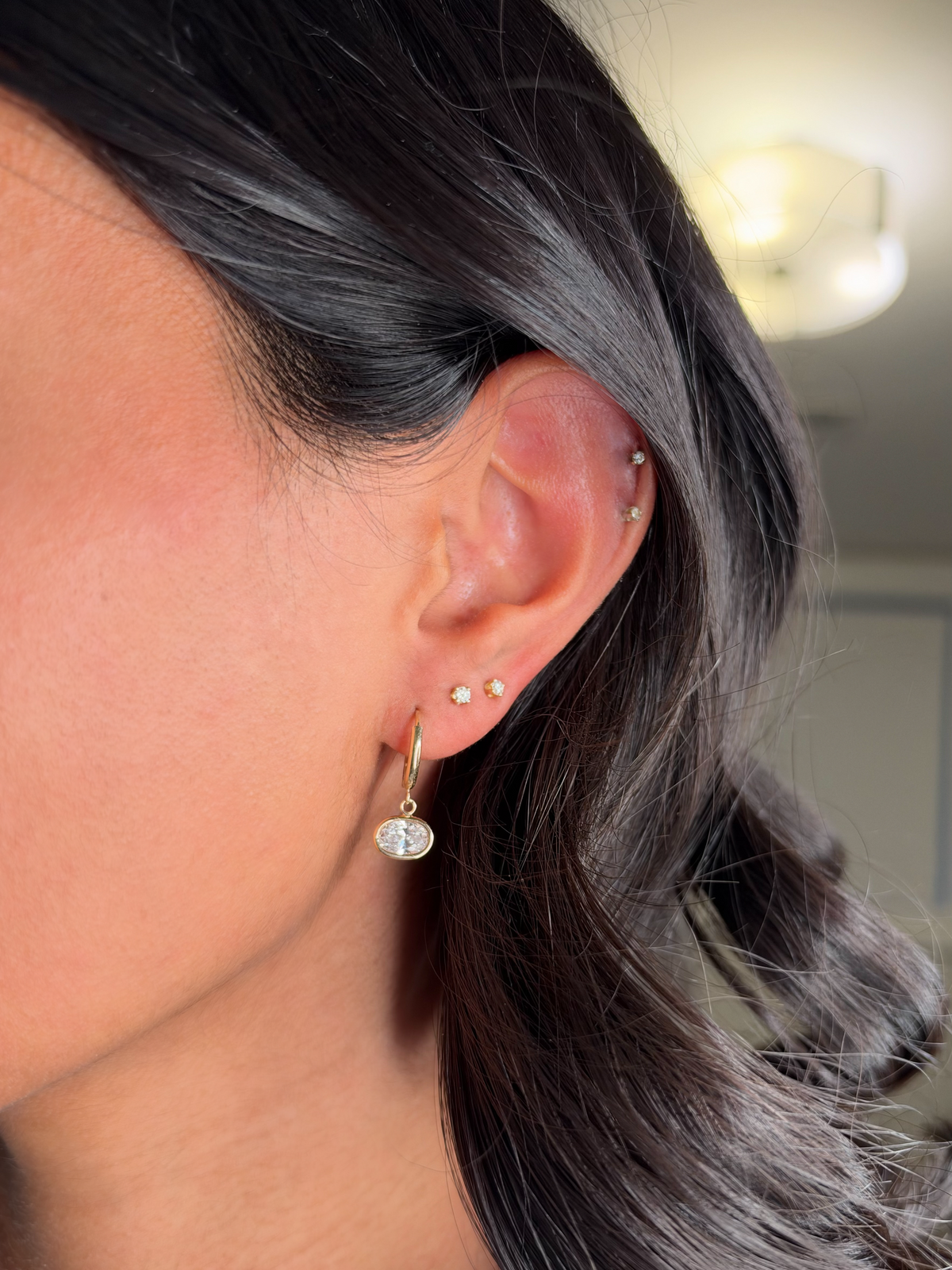 14K Gold Dangling Lab Diamond Oval Huggies