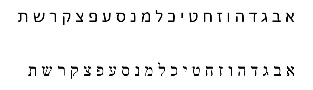 Top row of Hebrew letters in the Arial style font. Bottom row of Hebrew letters in the Times New Roman font.