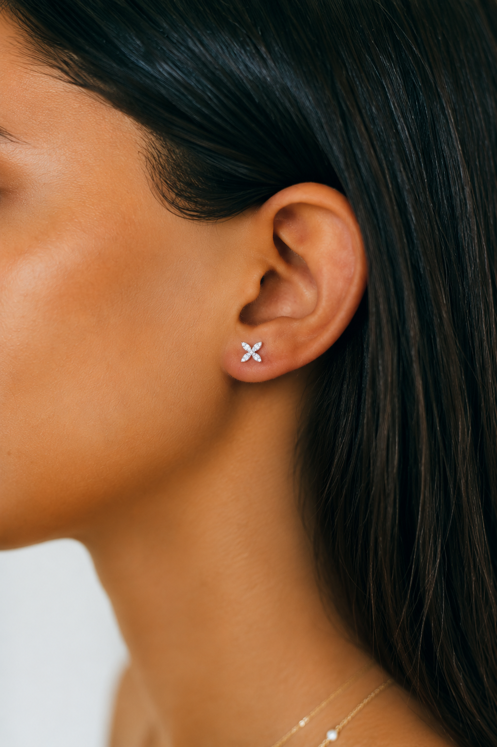 14K Gold Marquise Flower Diamond Stud Earrings
