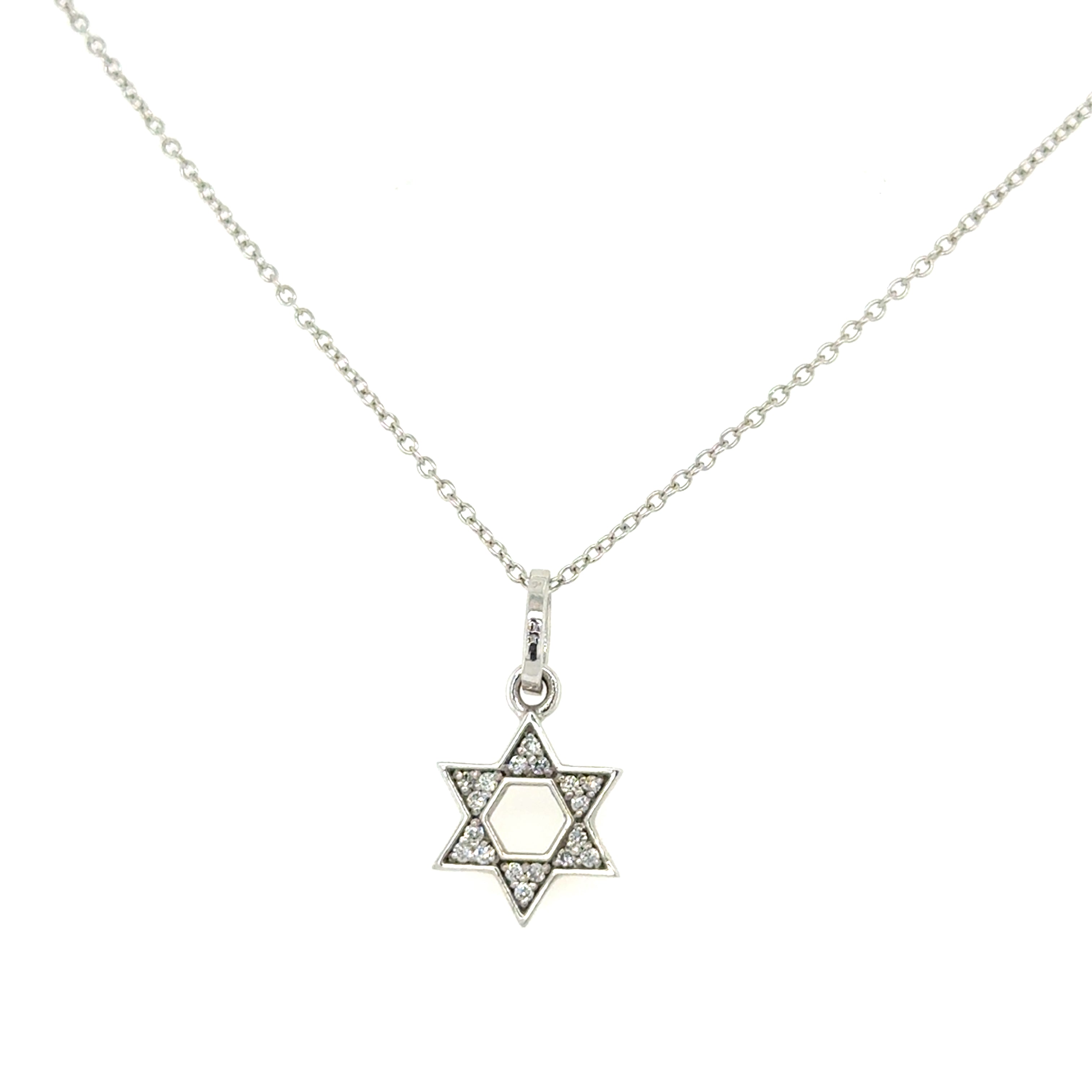A small diamond Star of David charm pendant set against a white background, with a gold chain.