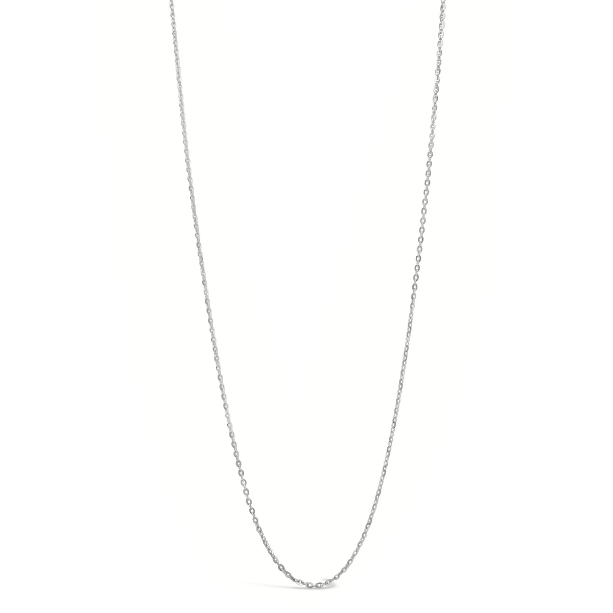 A white gold cable link chain necklace with a spring ring clasp.