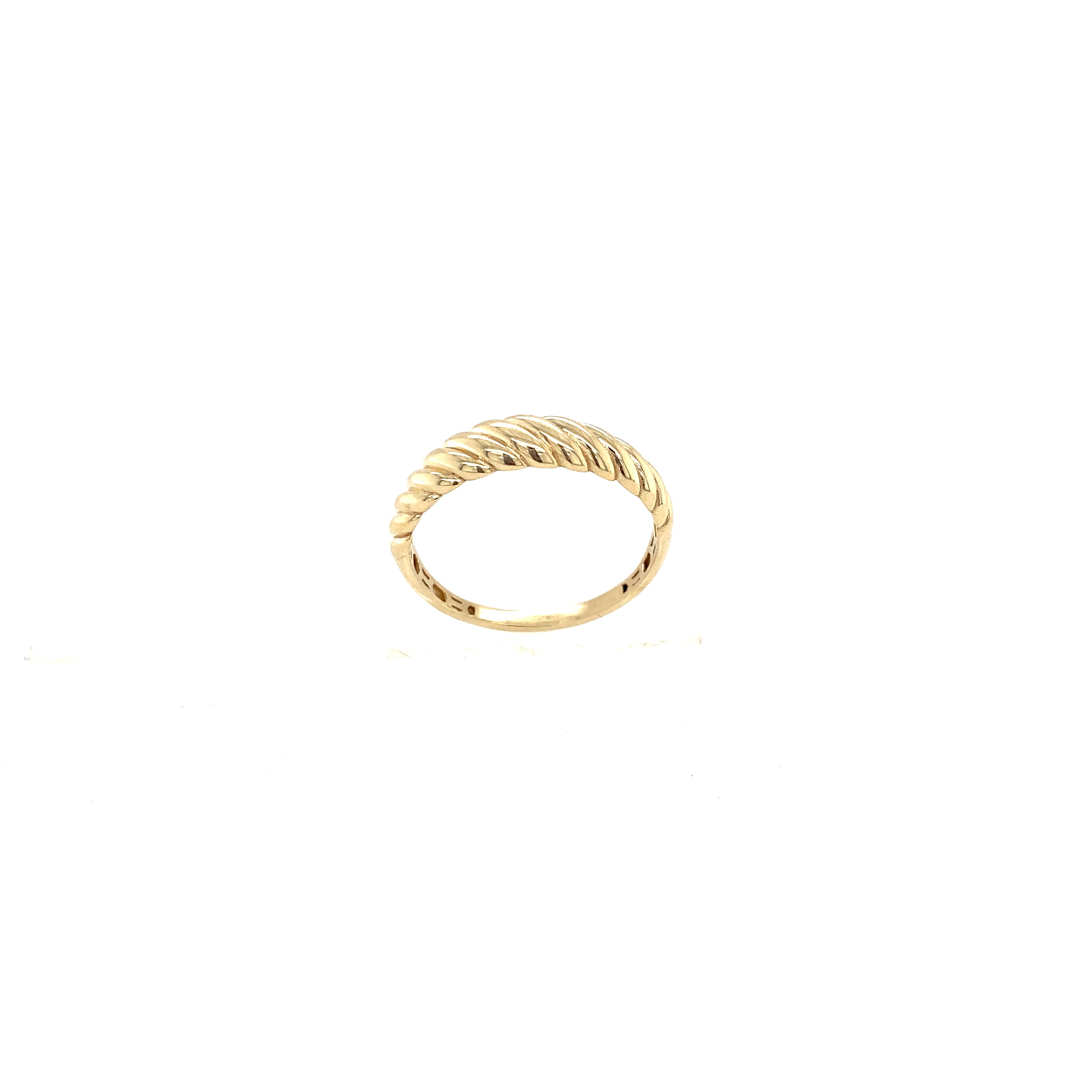 A yellow gold croissant ring on a white background.