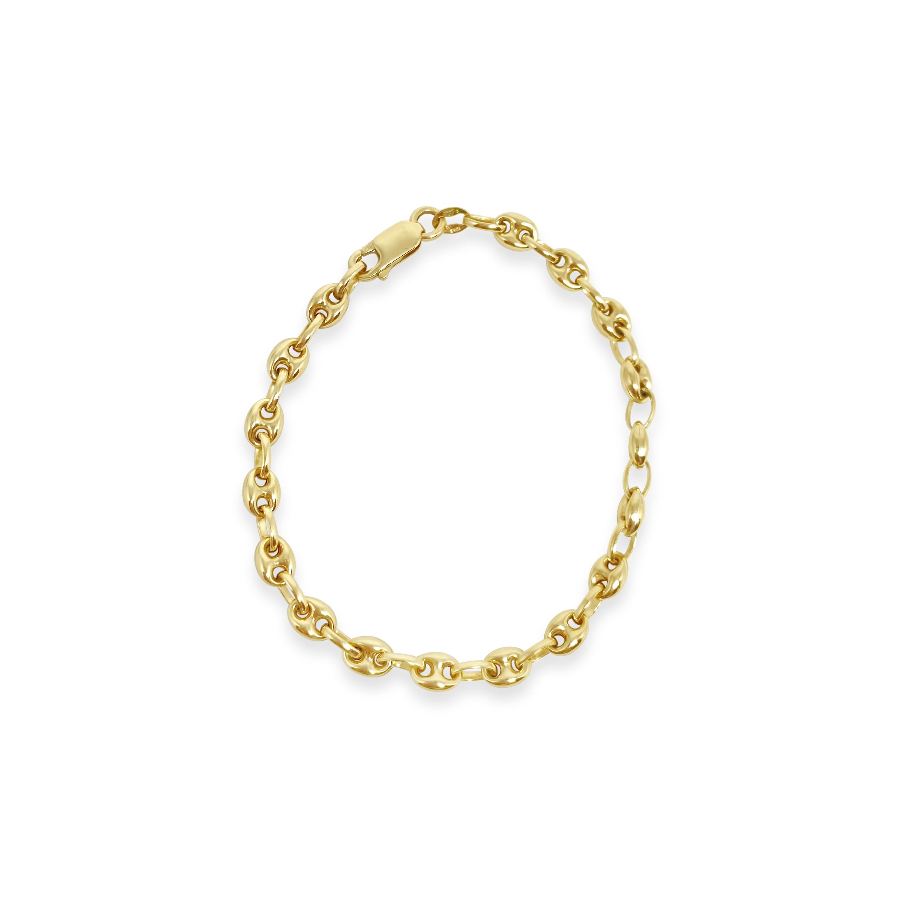 Gold Puffy Anchor Bracelet on a white background.
