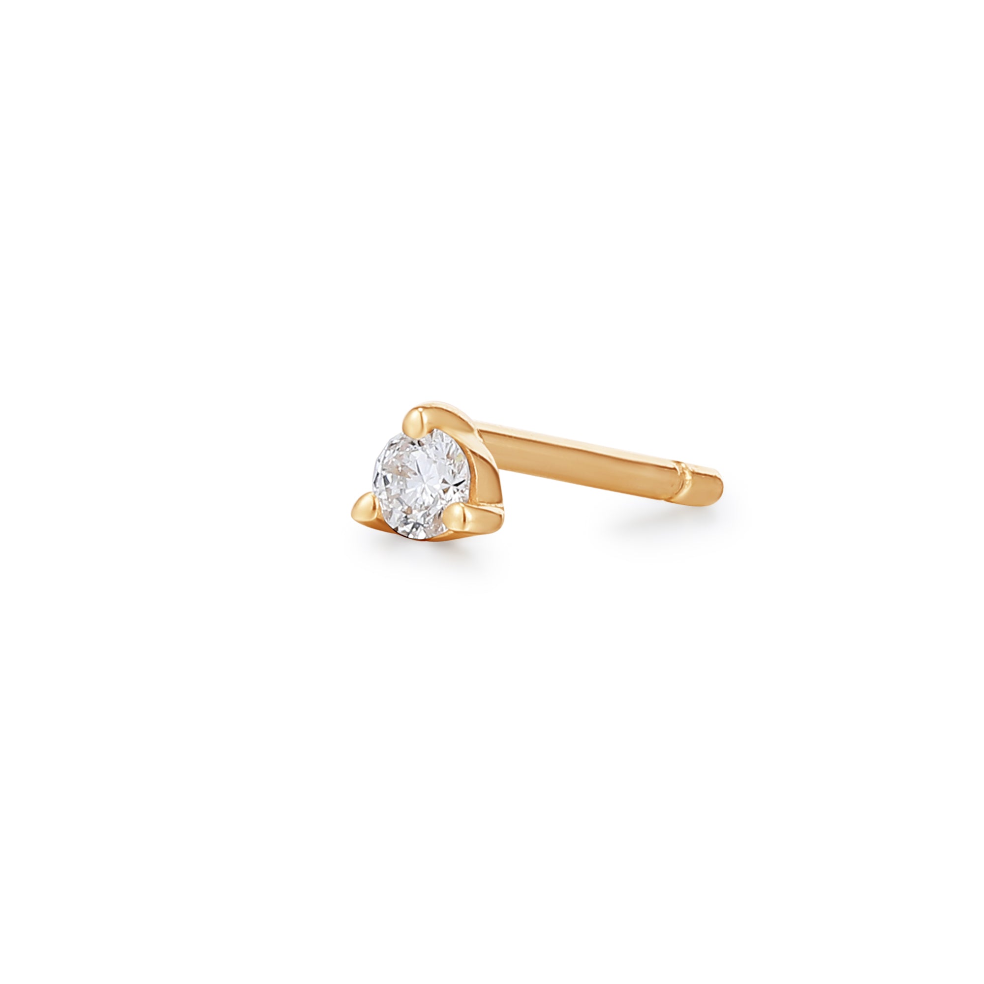 A single 14K gold three-prong diamond stud earring against a white background.