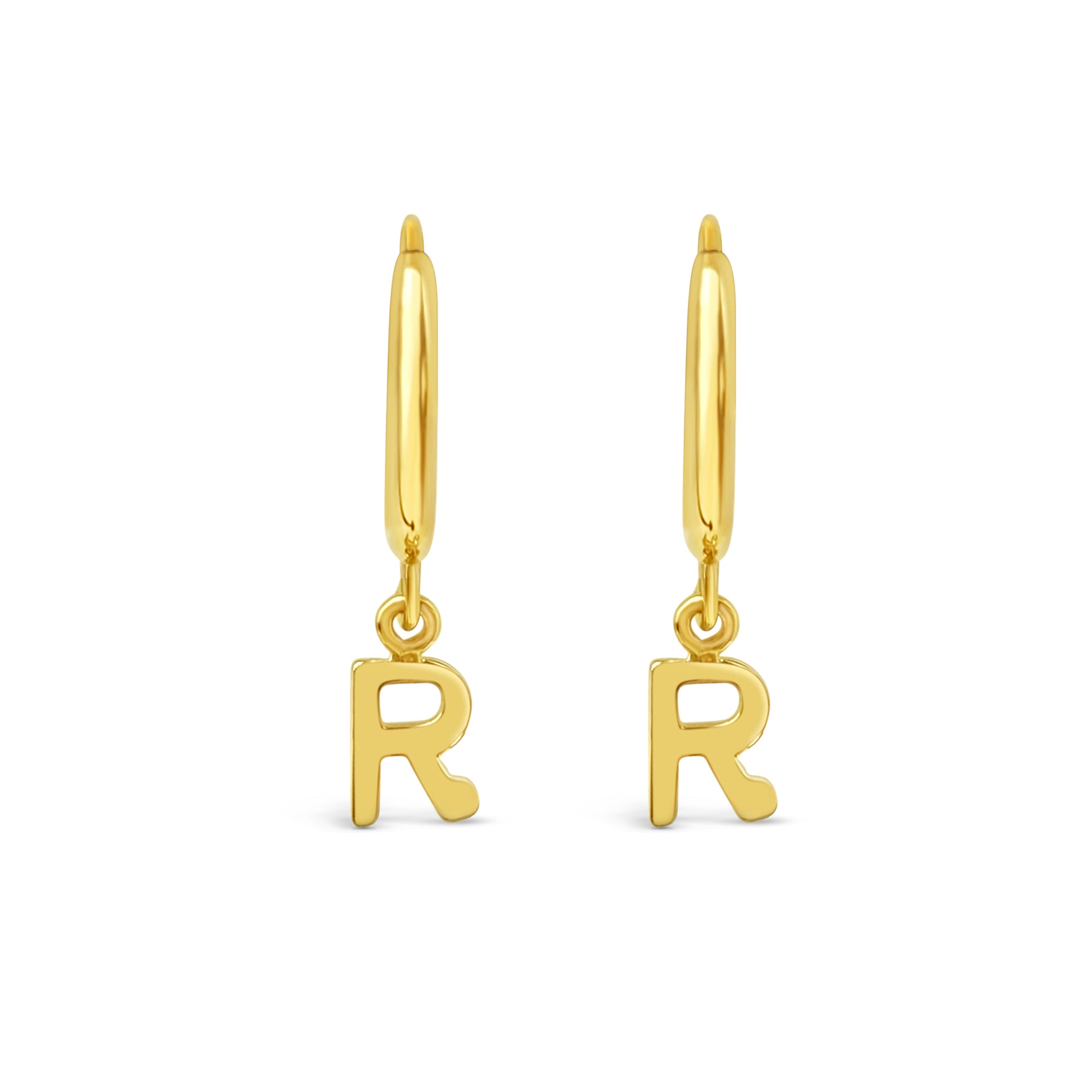 A pair of 14 Karat Gold Dangling Initial Huggie earrings with the letter 'R'.