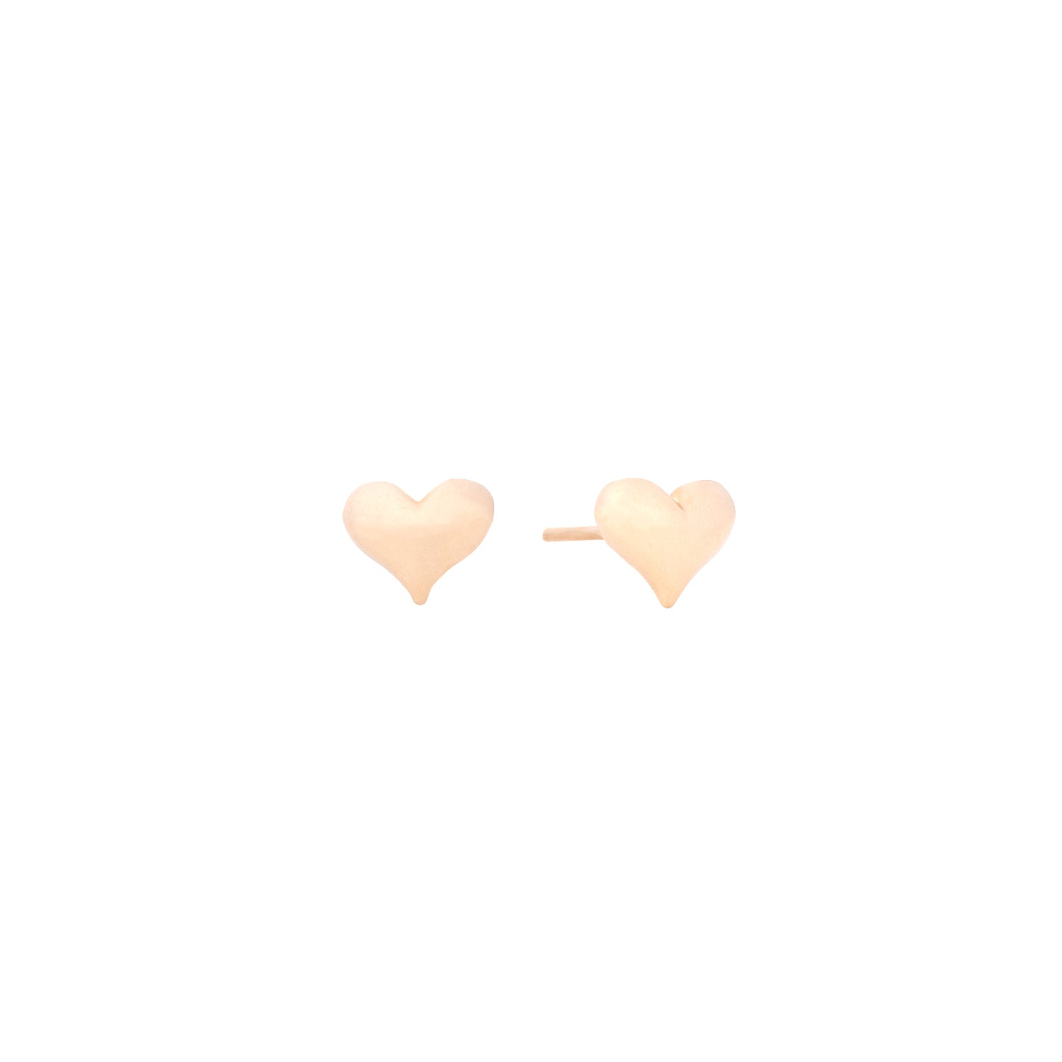 A pair of 14 karat gold mini puffy heart stud earrings against a white background.