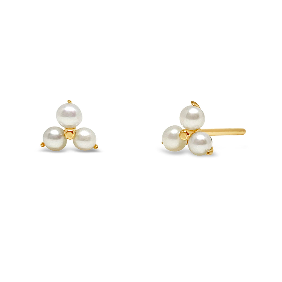 A pair of 14K gold pearl trio stud earrings with three round pearls connected by a single gold prong.