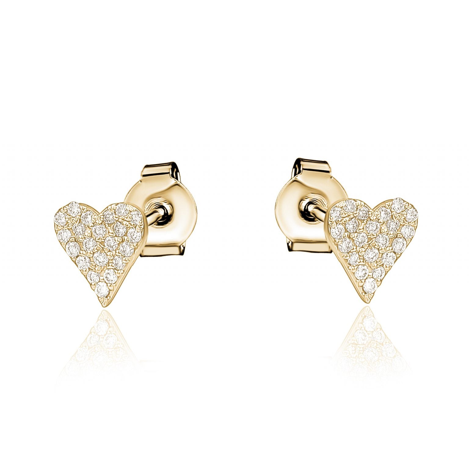 A pair of 14K gold heart-shaped stud earrings paved with diamonds, showing the back post and butterfly clasp.