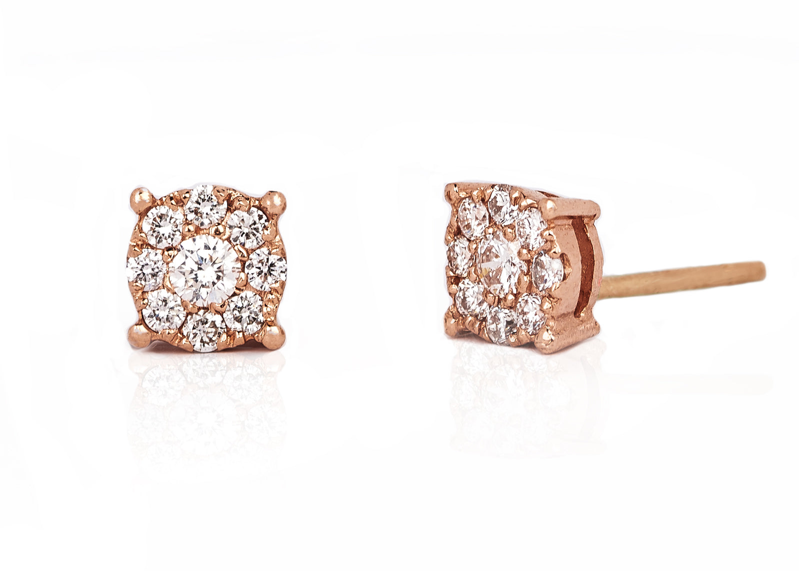 rose gold diamond cluster studs on a white background