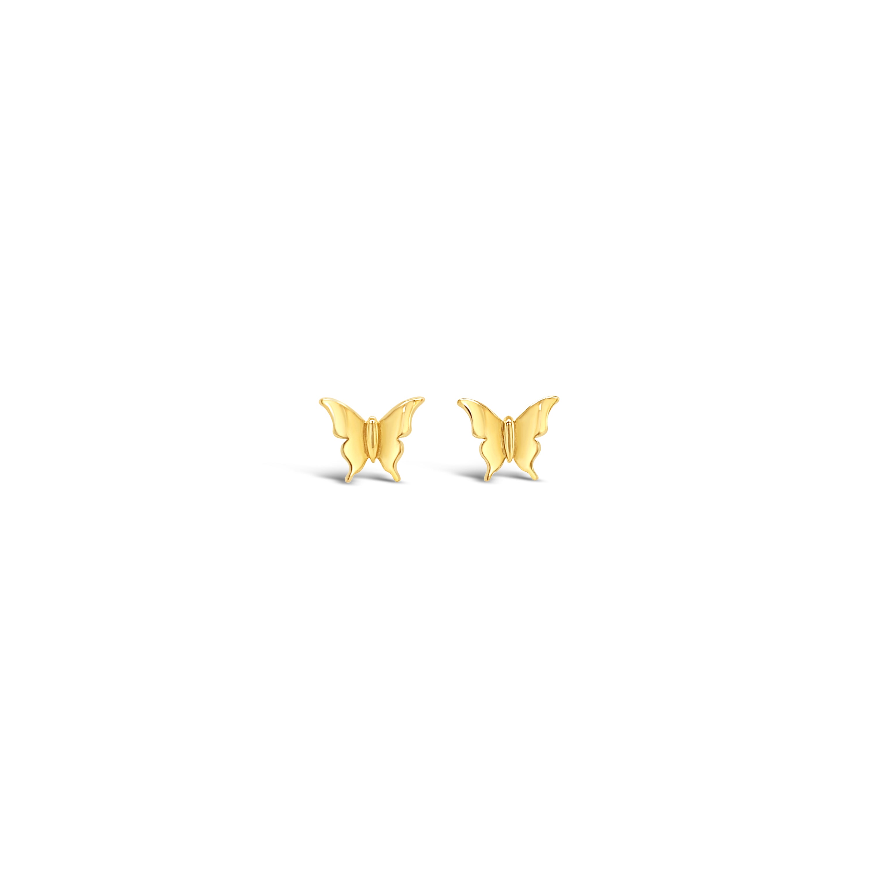 A pair of 14K golden butterfly stud earrings on a white background.