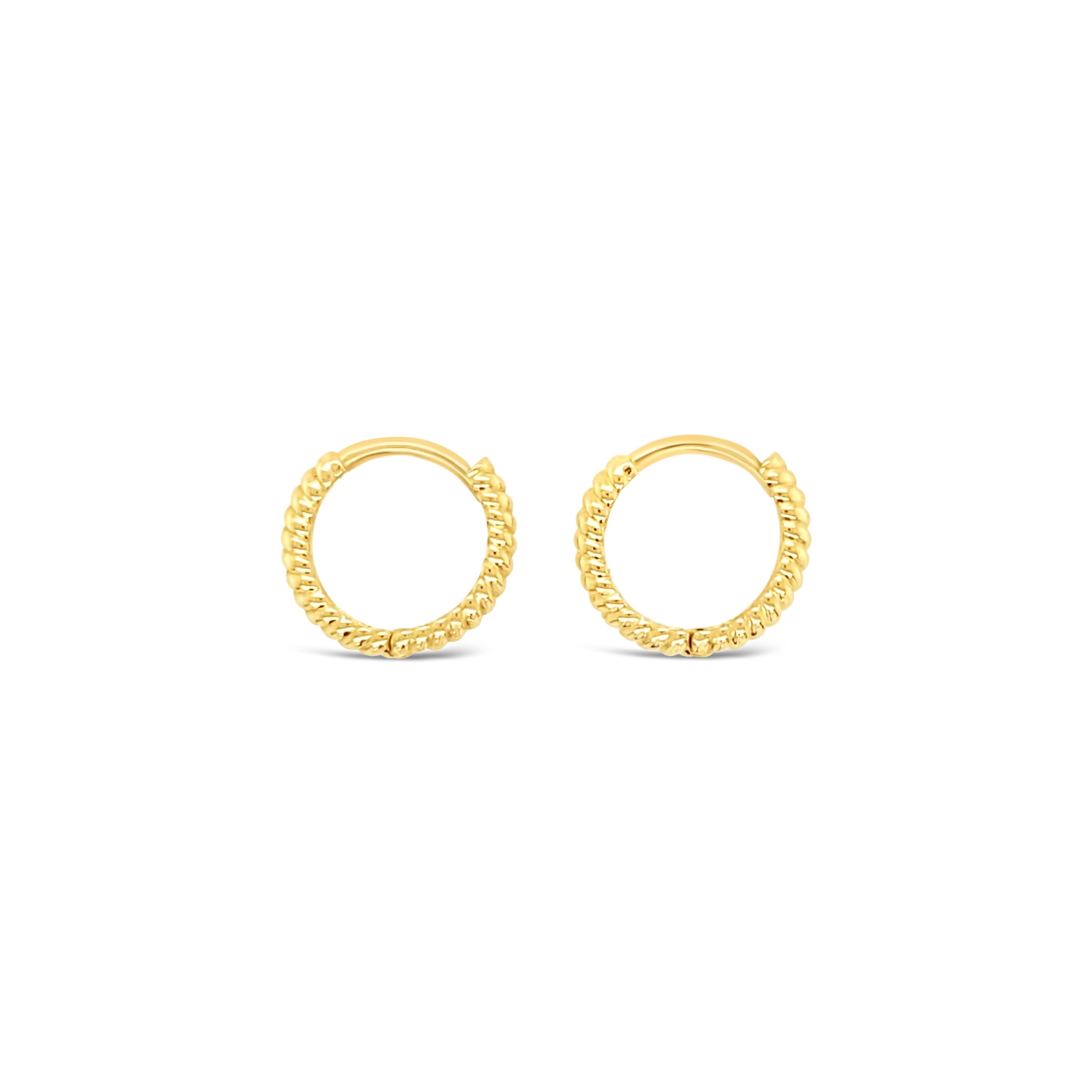 A pair of 14K gold mini twisted huggie earrings.