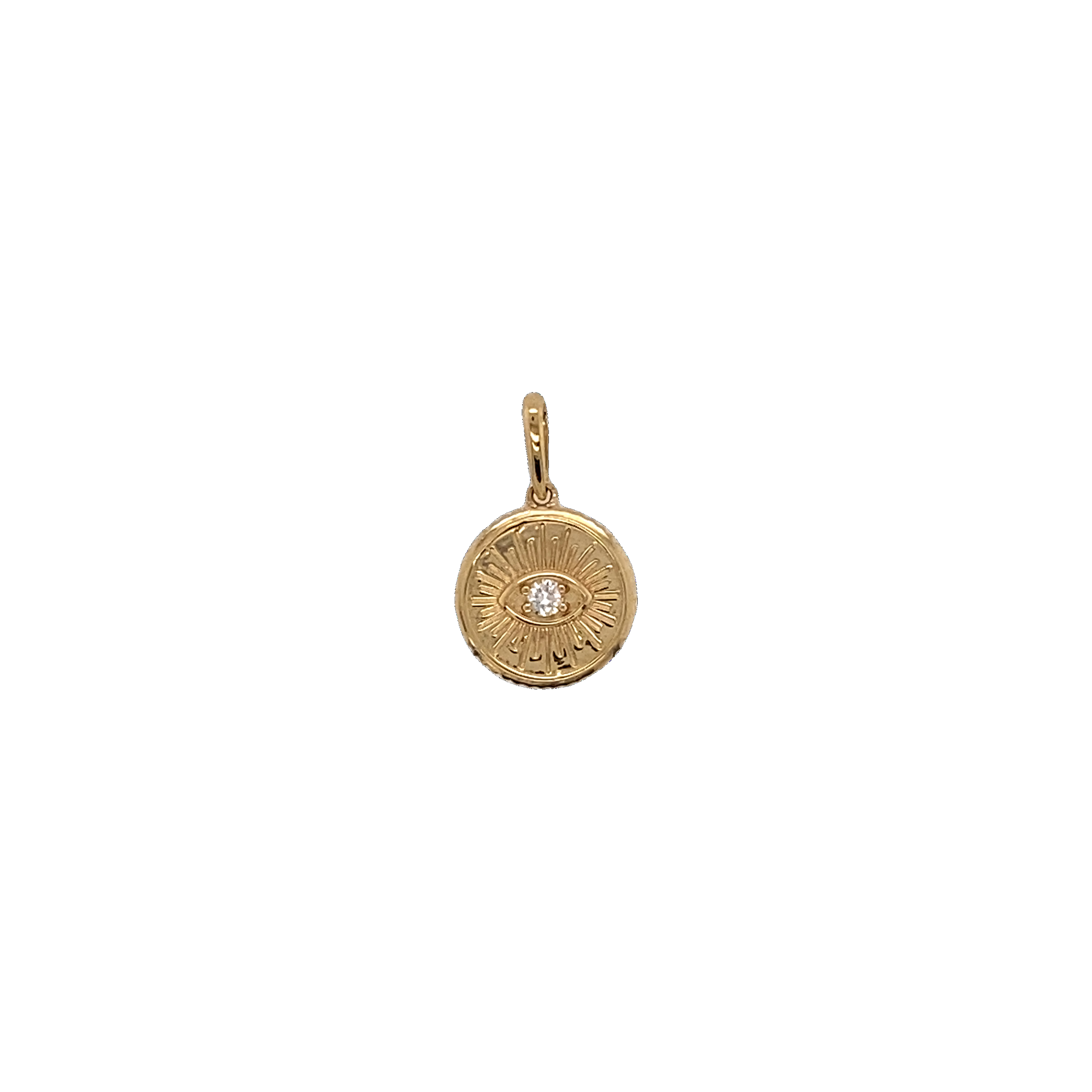 Diamond Evil Eye Medallion in 14 Karat Yellow Gold by Jessica Jewellery.
