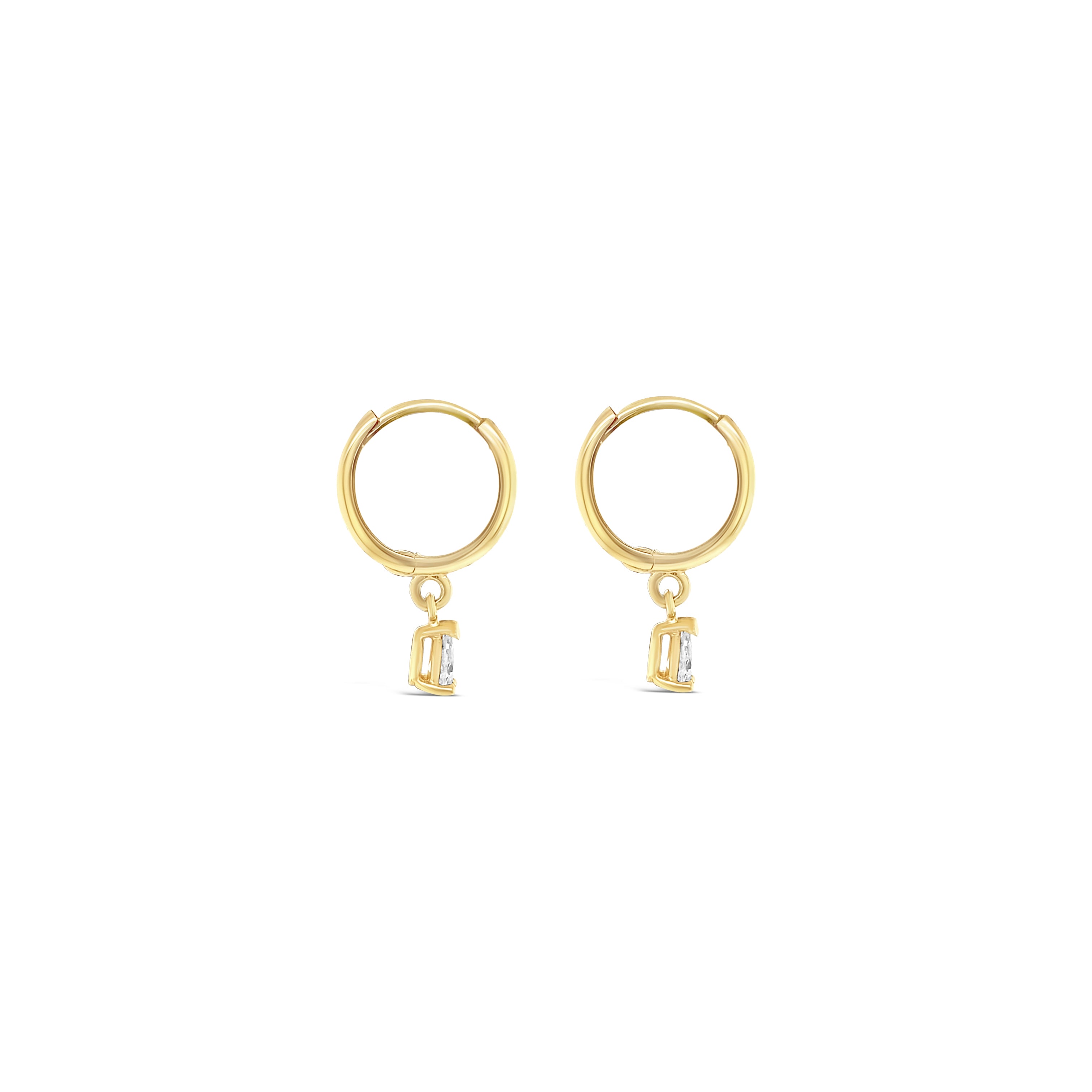 14K Gold Dangling Pear Diamond Huggies