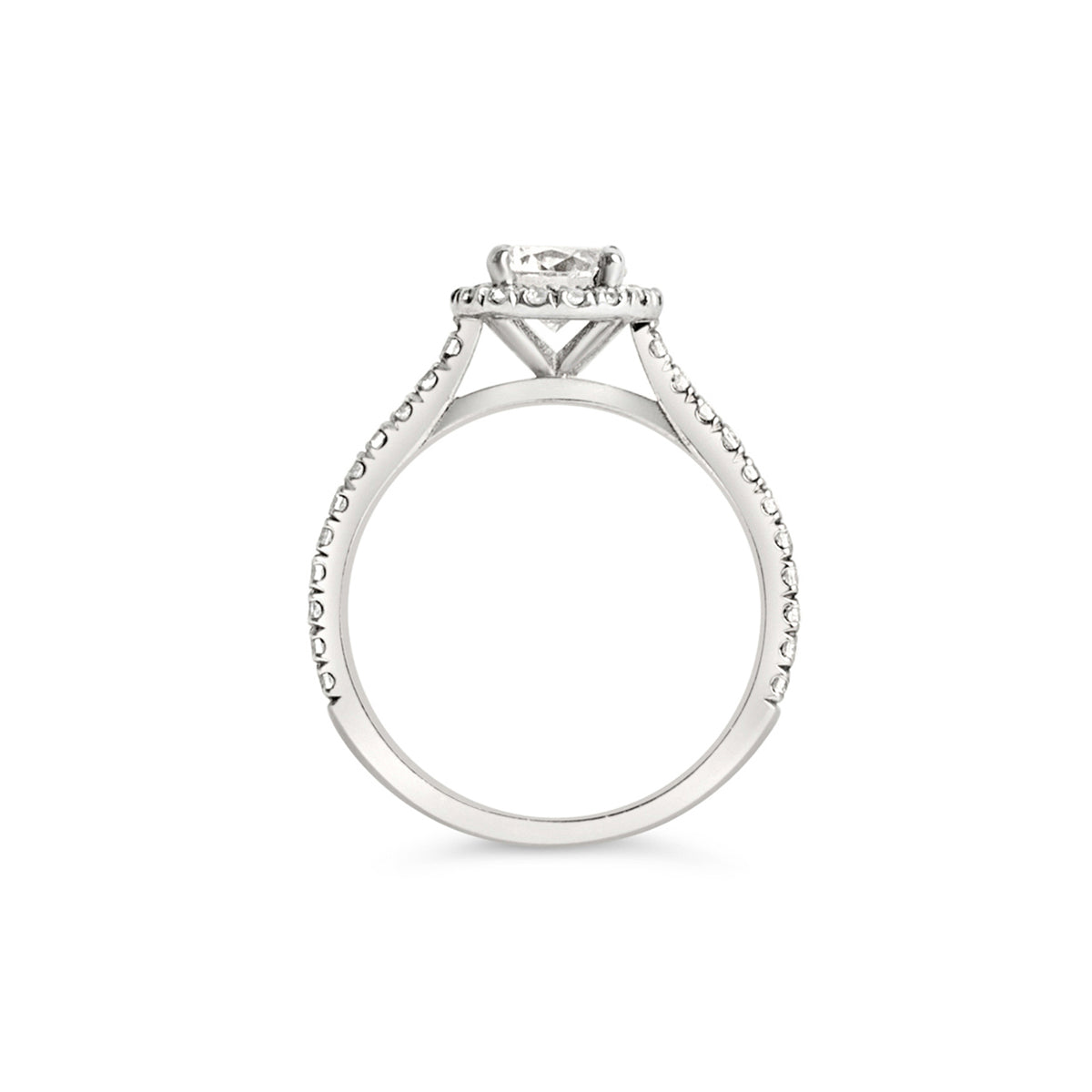 A side view of a halo engagement ring featuring a hand-picked center diamond with a halo of small diamonds surrounding the main stone.