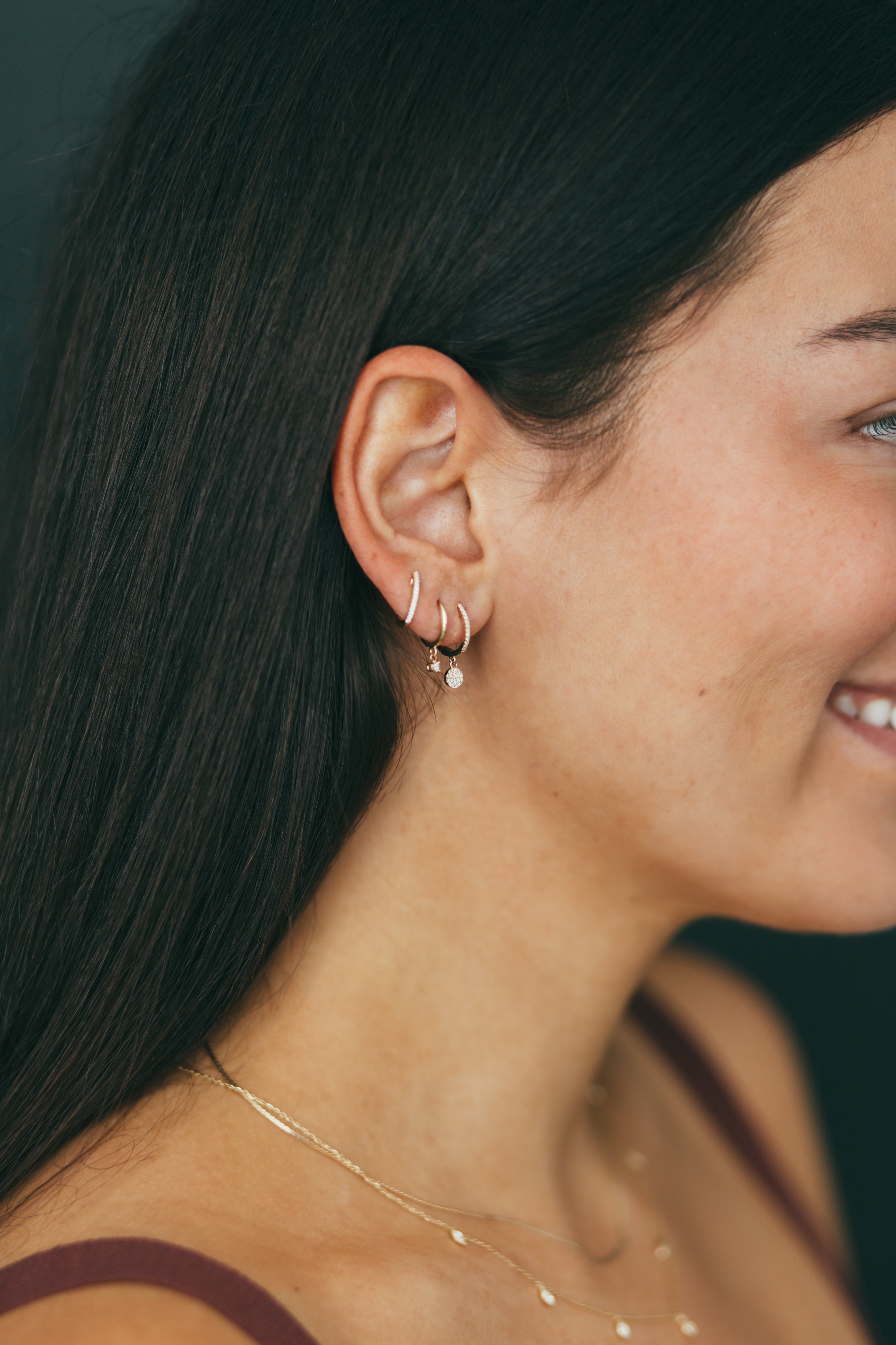 14K Gold Dangling Diamond Huggie Earrings