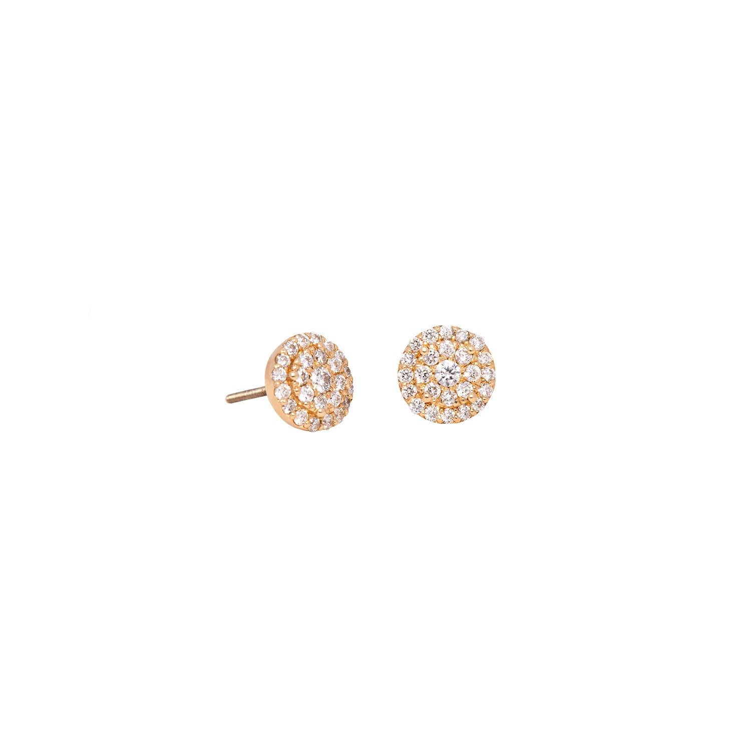 yellow gold round illusion diamond studs on a white brackground
