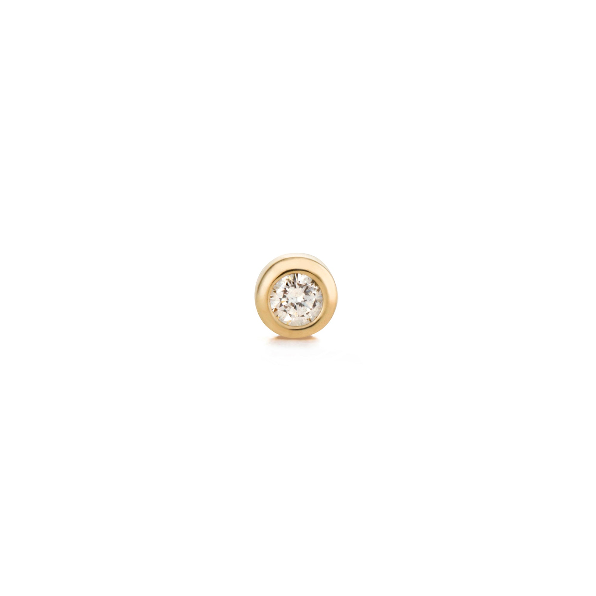 A single 14K gold diamond bezel stud earring against a white background.