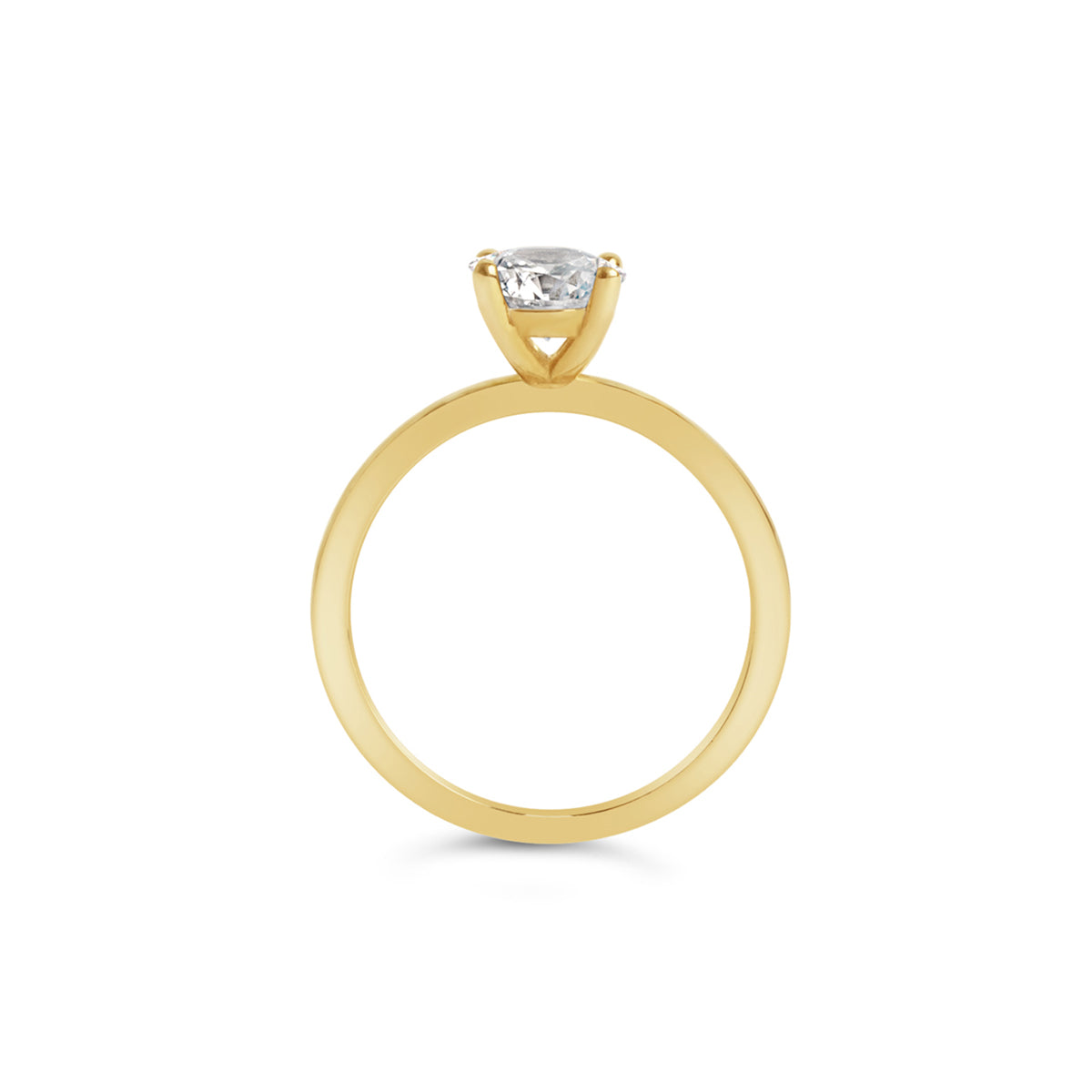 A solitaire engagement ring featuring a yellow gold band and a striking centre diamond.