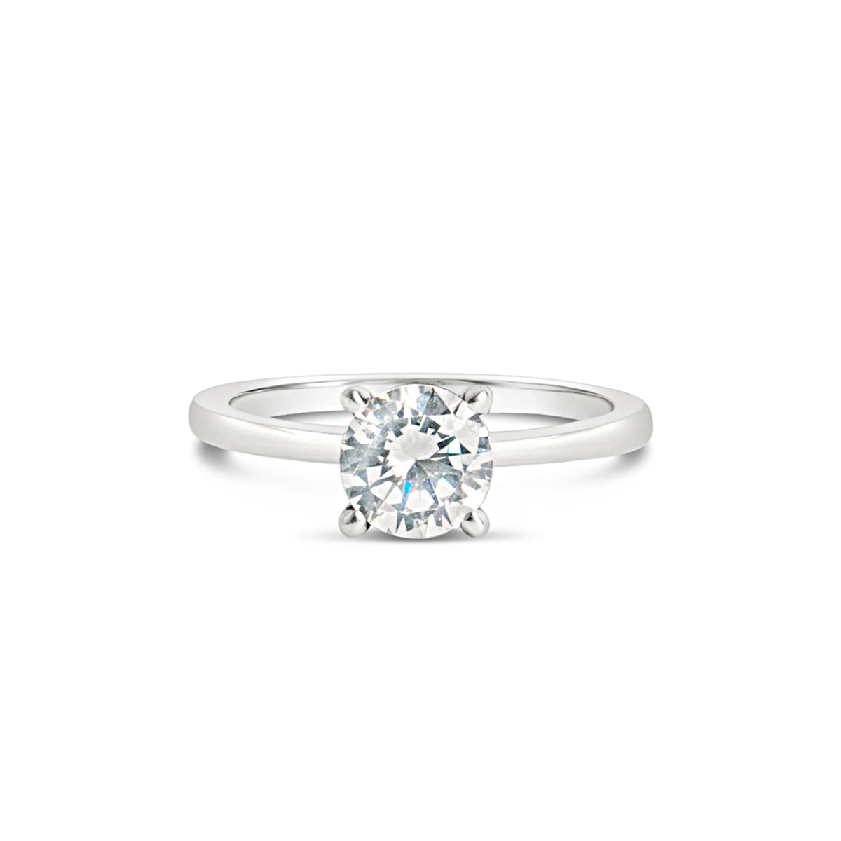 A solitaire engagement ring featuring a white gold band and a striking centre diamond.