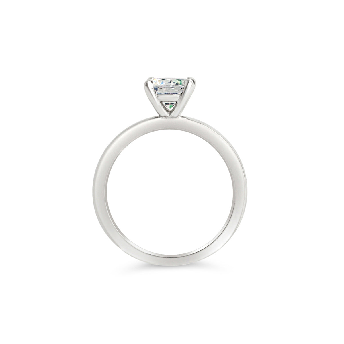 A solitaire engagement ring featuring a white gold band and a striking centre diamond.
