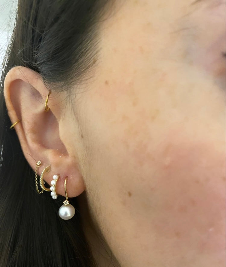 14K Gold Pearl and Diamond Hook Earrings