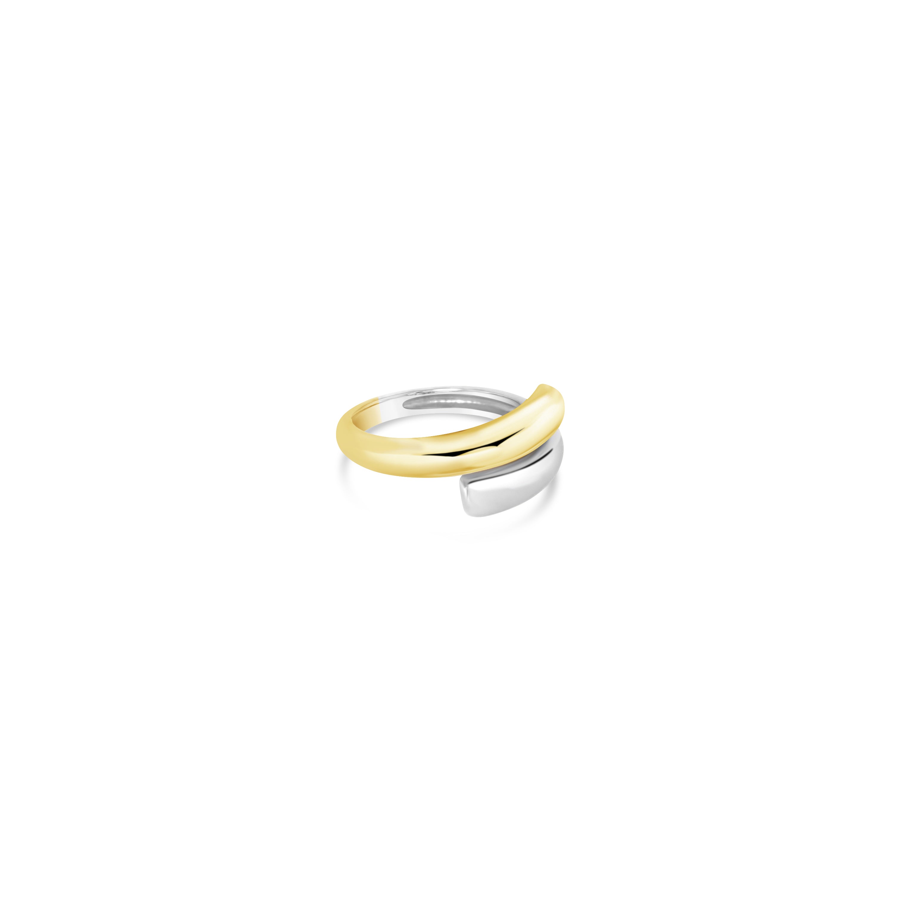 A chunky white and yellow gold wrap ring against a white background.