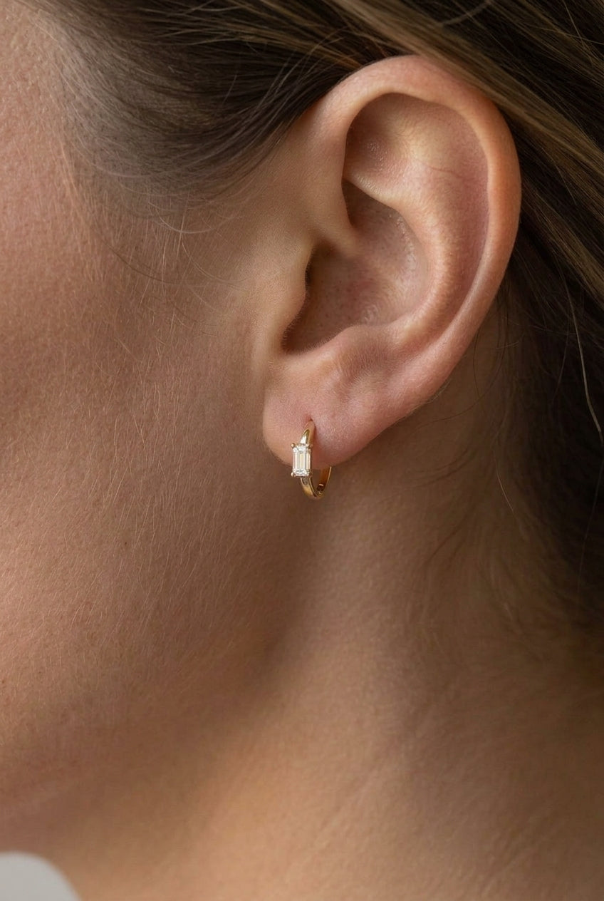 10K Gold Lab-Grown Emerald Diamond Inlay Huggie Earrings