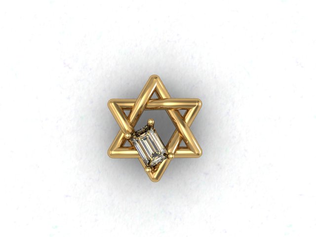 3D mockup image of a Gold Star of David pendant with a central diamond on a white background