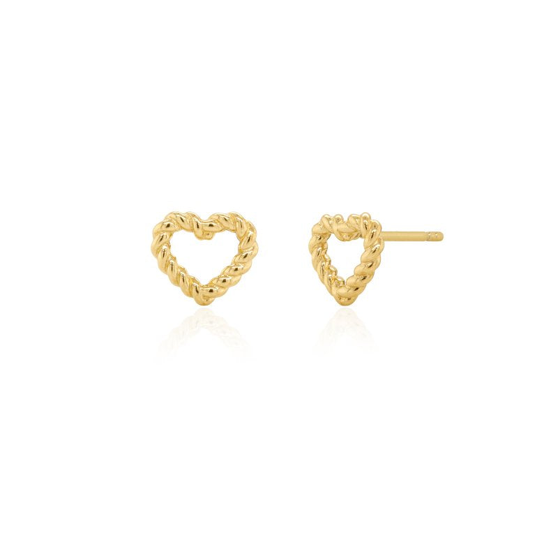 Gold heart-shaped earrings on a white background