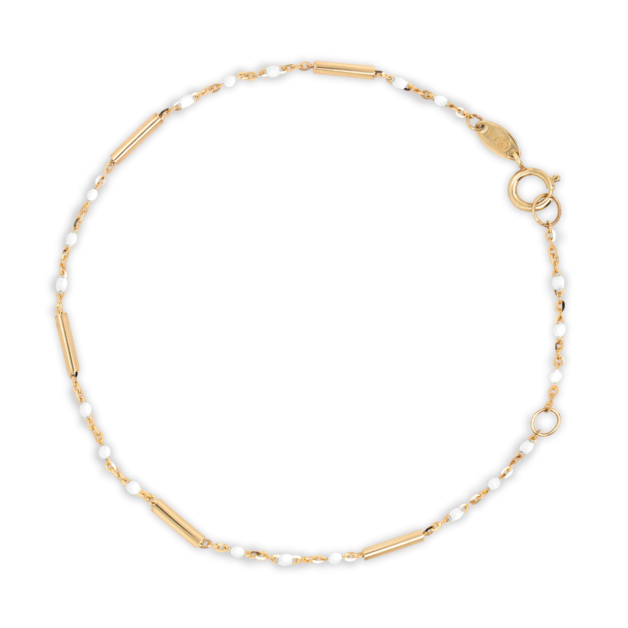 10K Gold White Enamel Bead and Bar Bracelet