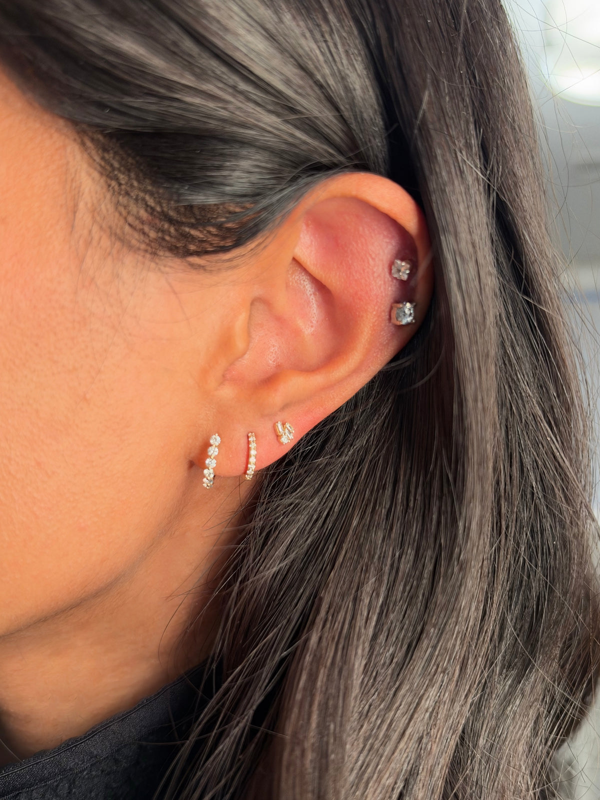 14K Gold Baguette Diamond Cluster Stud Earrings