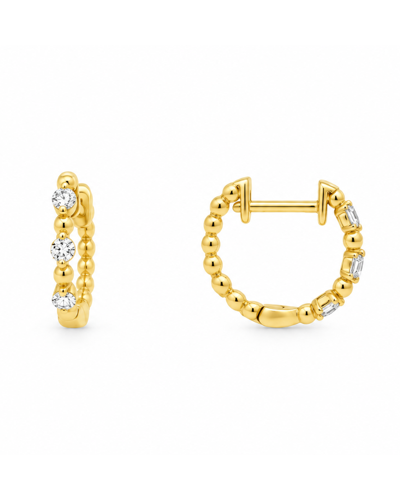 14K Gold Bead and Diamond Huggies