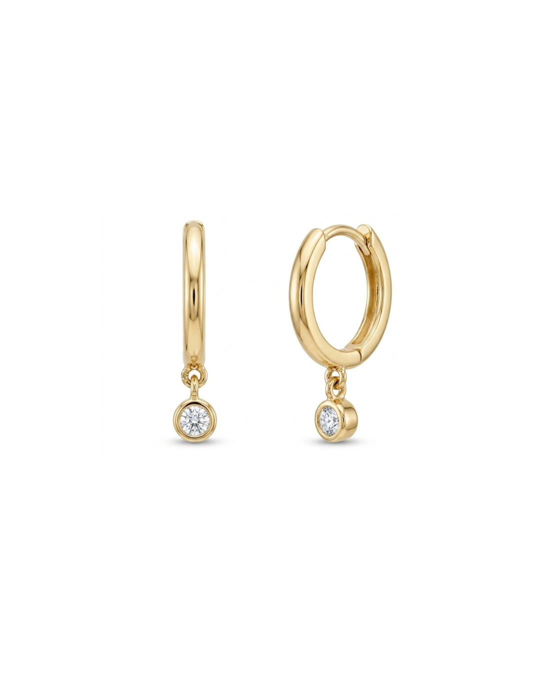 14K Gold Diamond Bezel Drop Mini Huggie Earrings