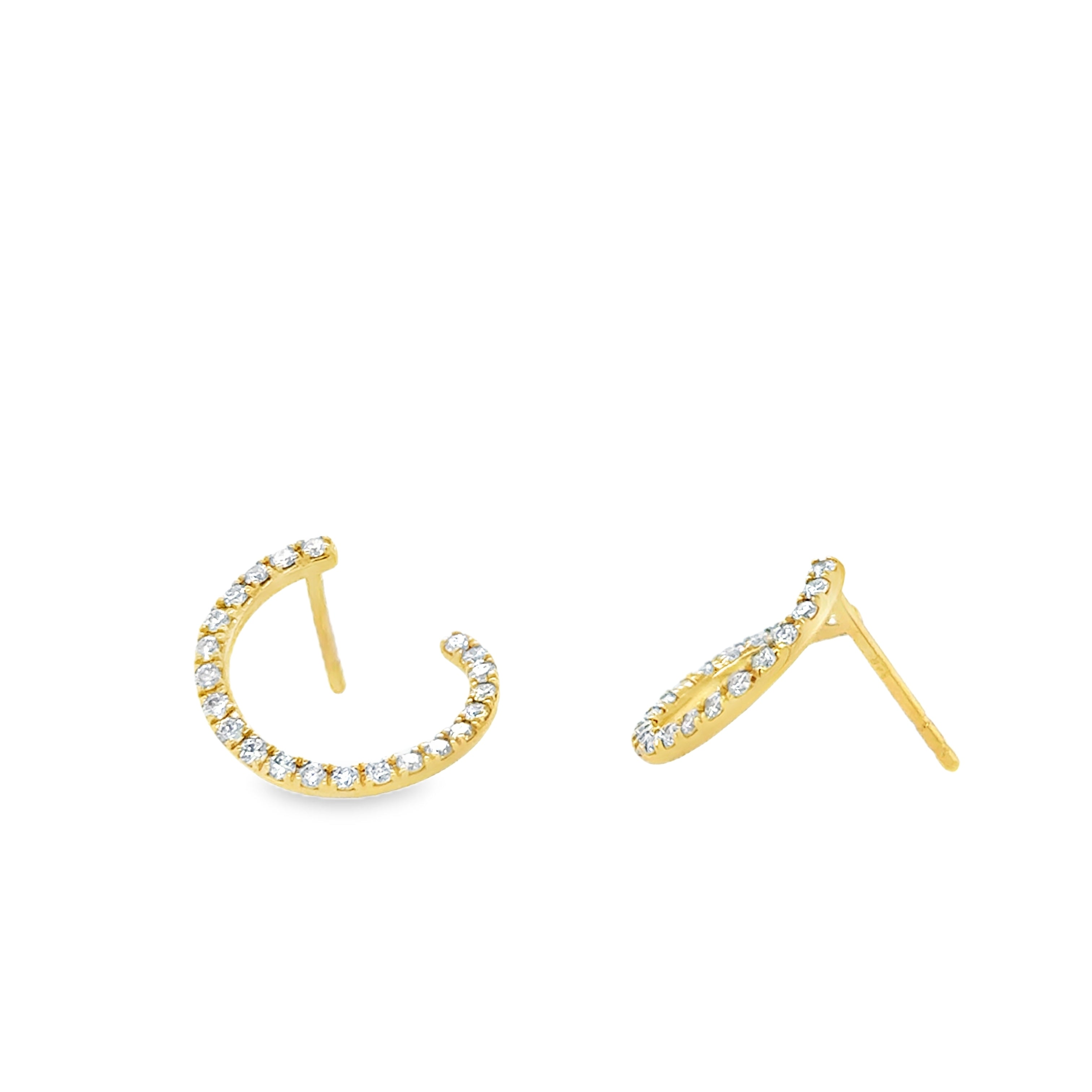 Gold earrings with diamonds wrapping around from front to back on a white background