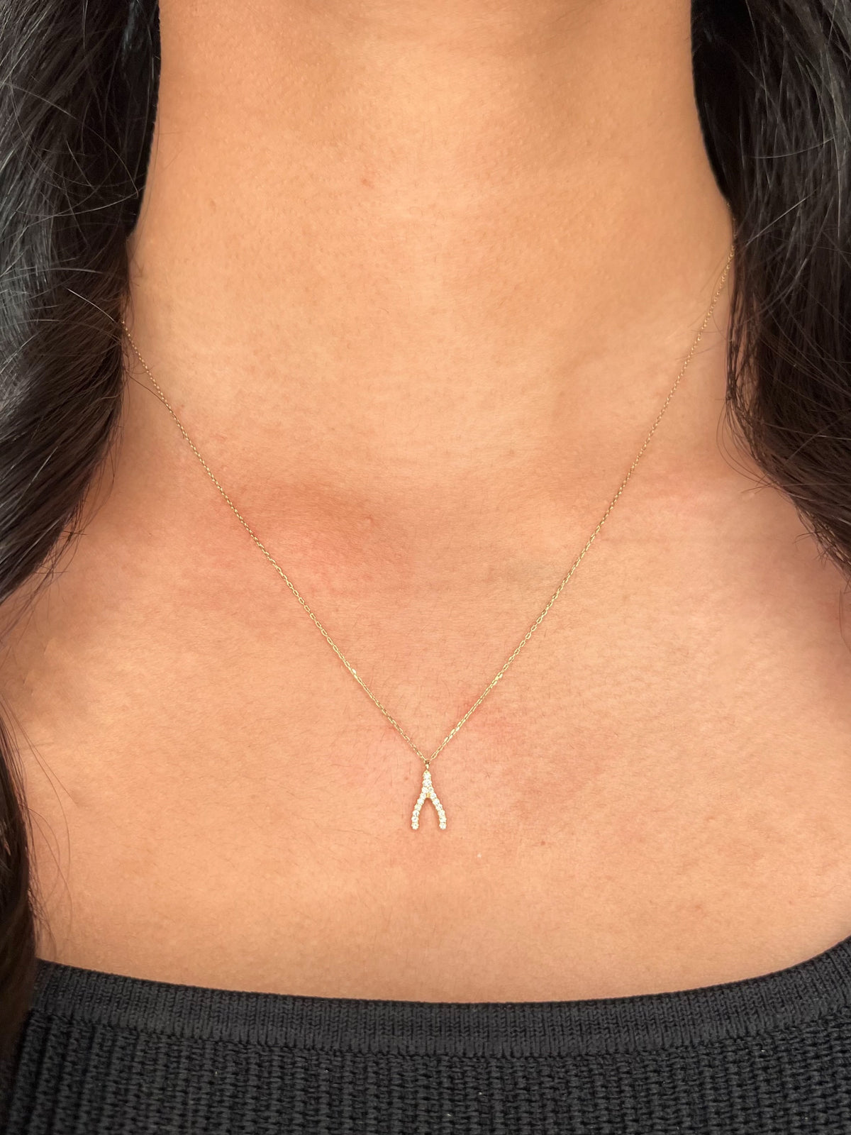 14K Gold Diamond Wishbone Necklace