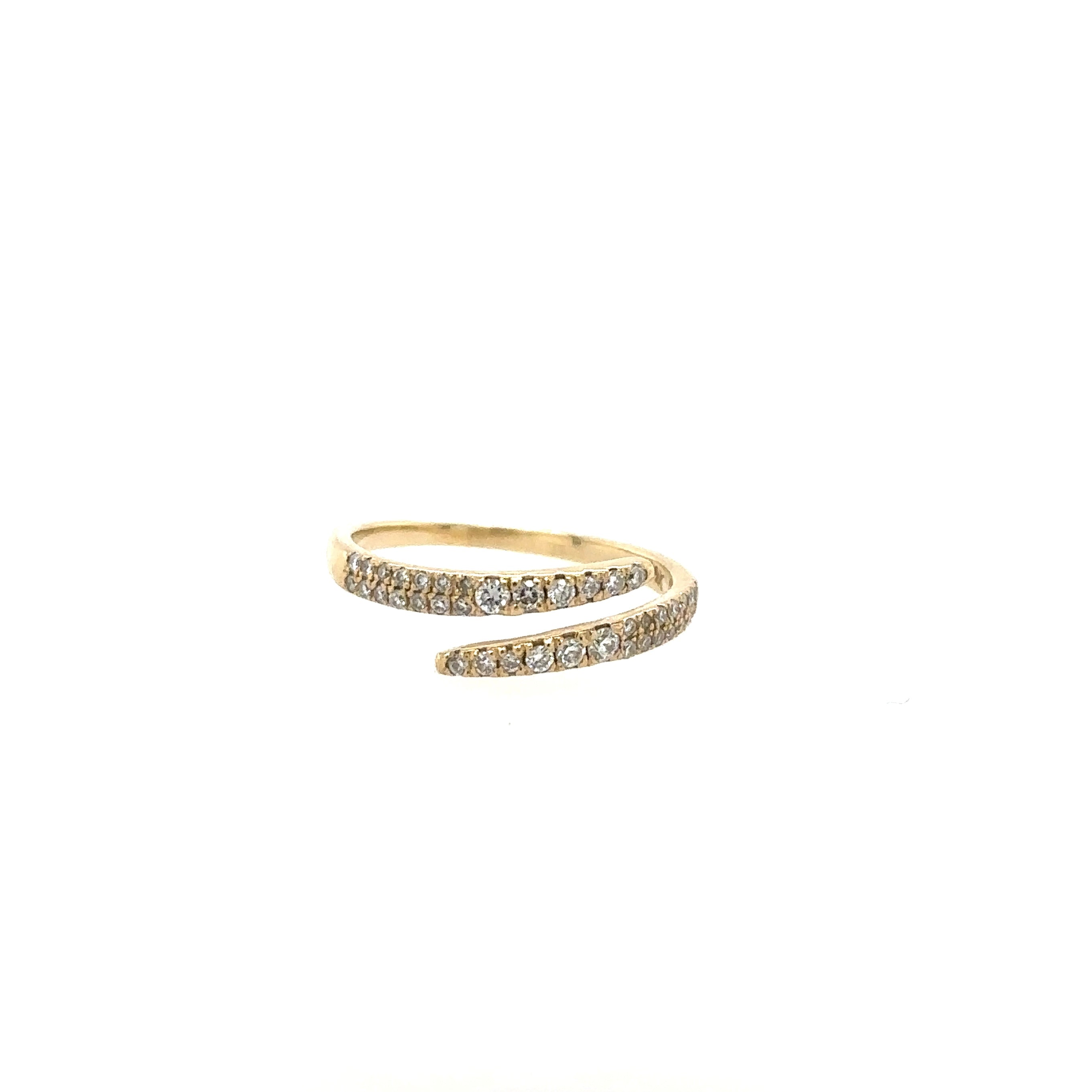 A 14K gold diamond wrap ring with two rows of diamonds around the band, creating a luxurious and elegant appearance.