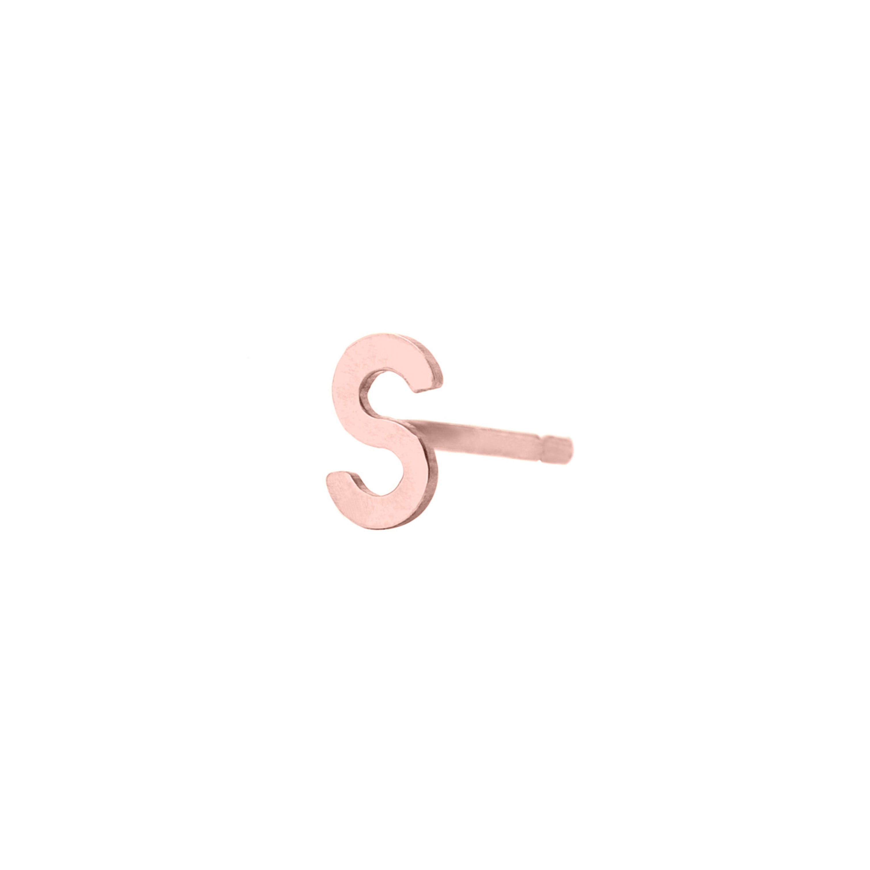 Rose gold letter 'S' stud on a white background
